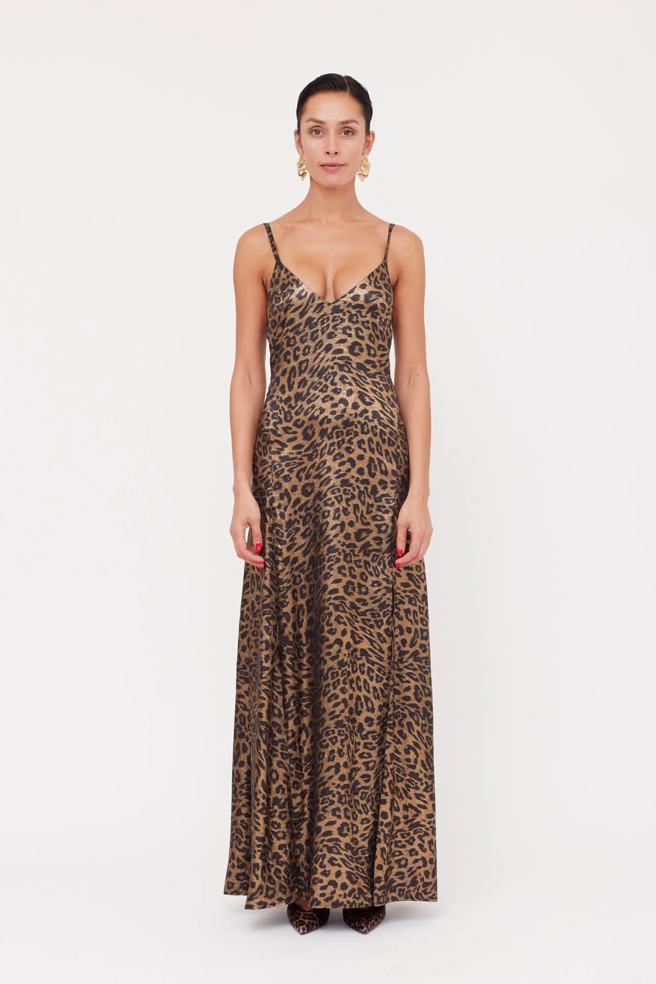 INES Leopard Metallic Fabric Long Open Back Dress