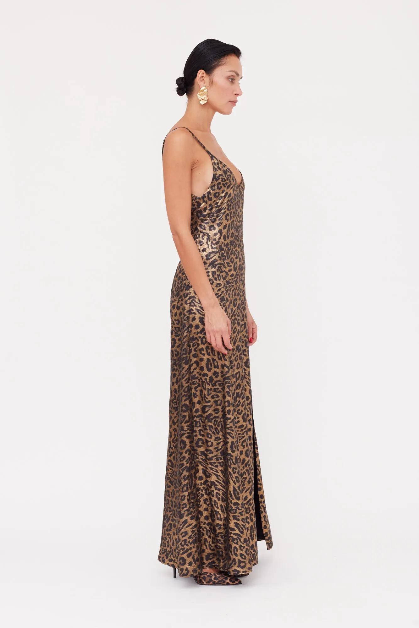 INES Leopard Metallic Fabric Long Open Back Dress