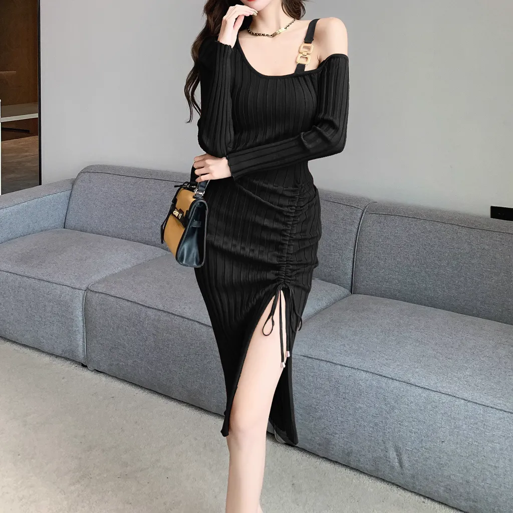 Irregular Drawstring Slim One Shoulder Knitted Dress