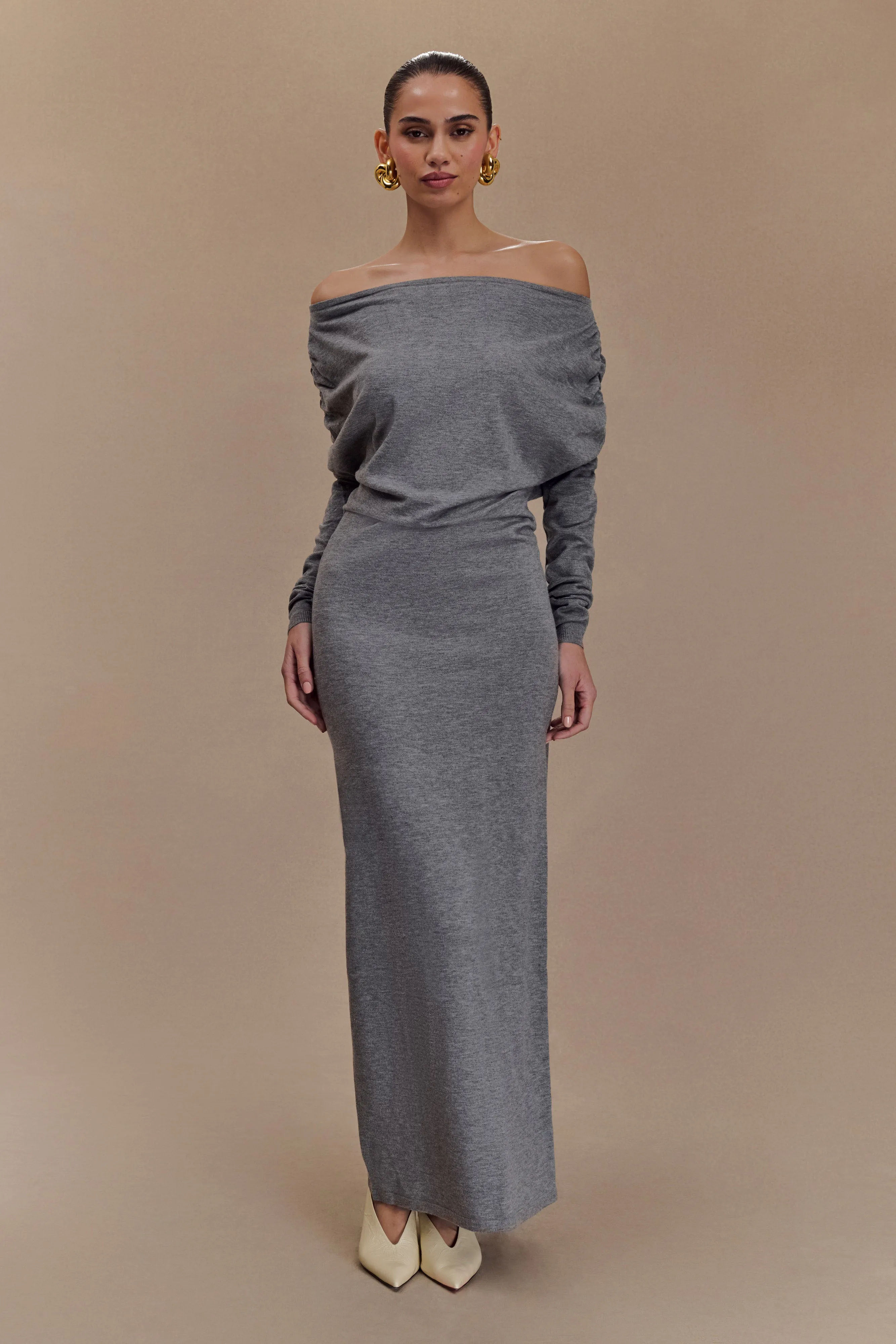 Jessie Cowl Neck Knit Midi Dress - Charcoal Marle