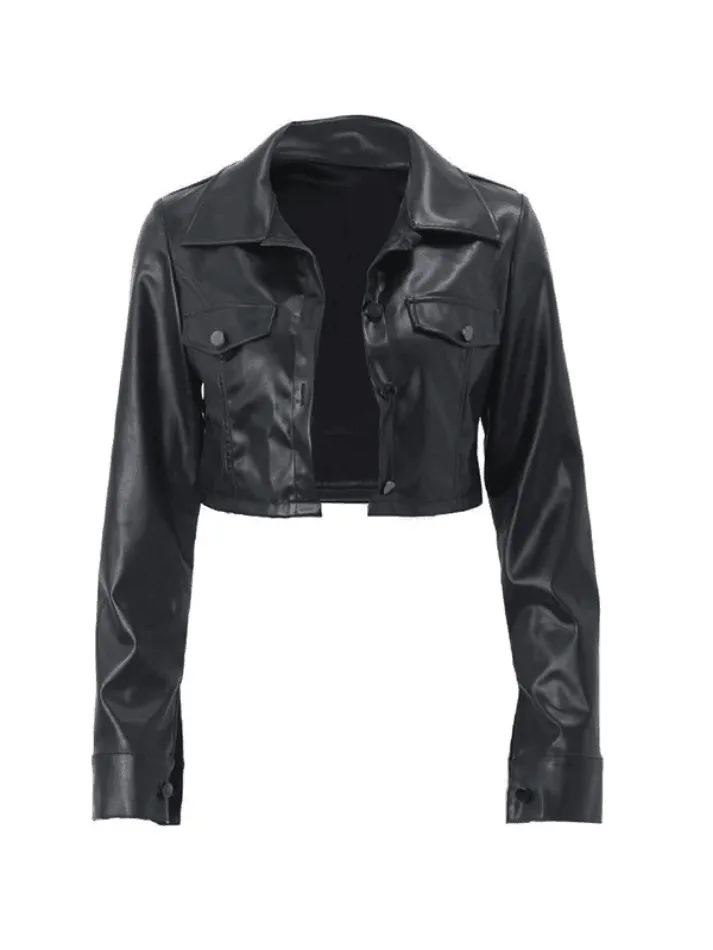 Joskaa Cropped Black Faux Leather Biker Jacket