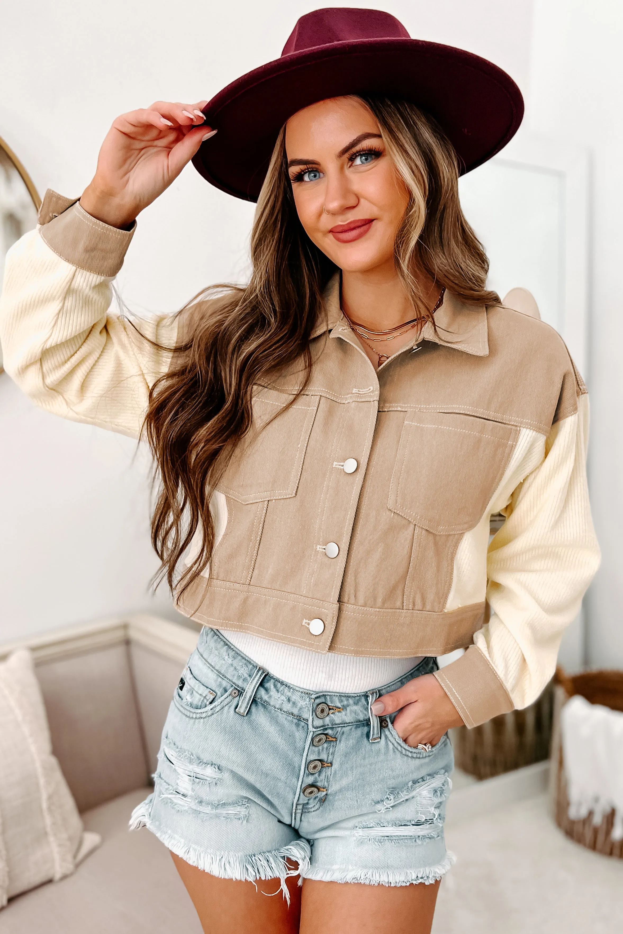 Jylan Cropped Contrast Knit Jacket (Taupe/Cream)