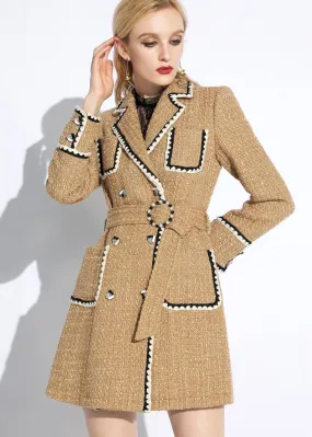 Khaki Long Double Breasted Tweed Coat