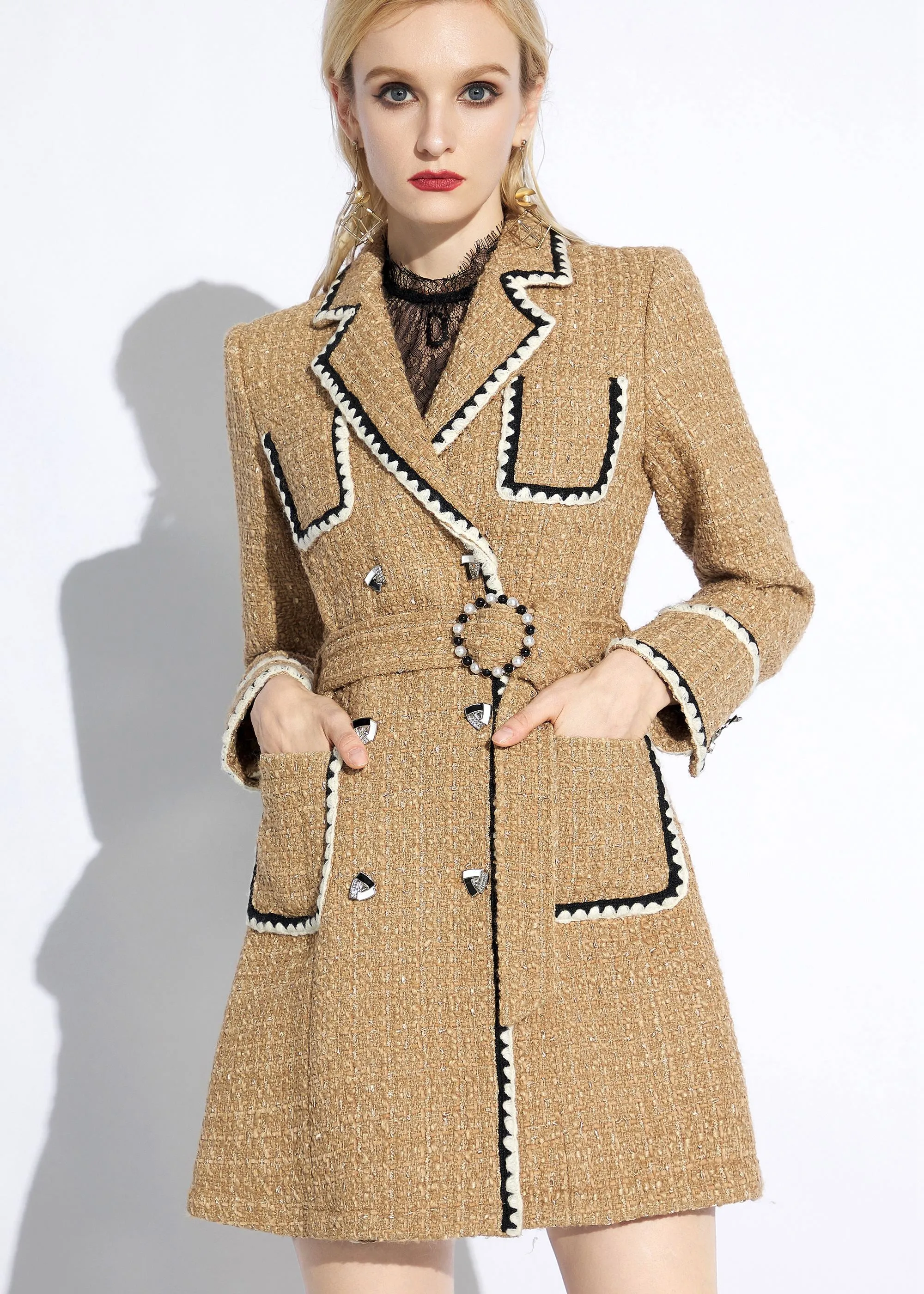 Khaki Long Double Breasted Tweed Coat