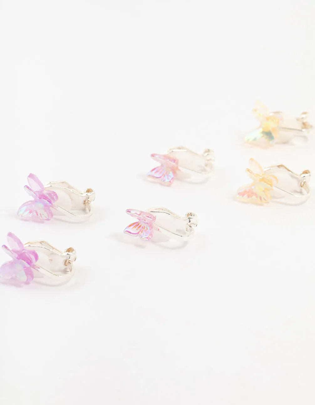 Kids Holographic Butterfly Silver Clip On Earrings 5-Pack