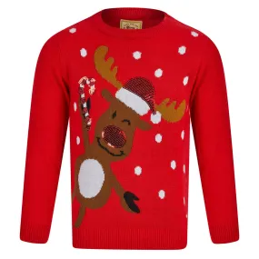 Kids Peeking Reindeer Christmas Jumper Rudolph Red Sequins