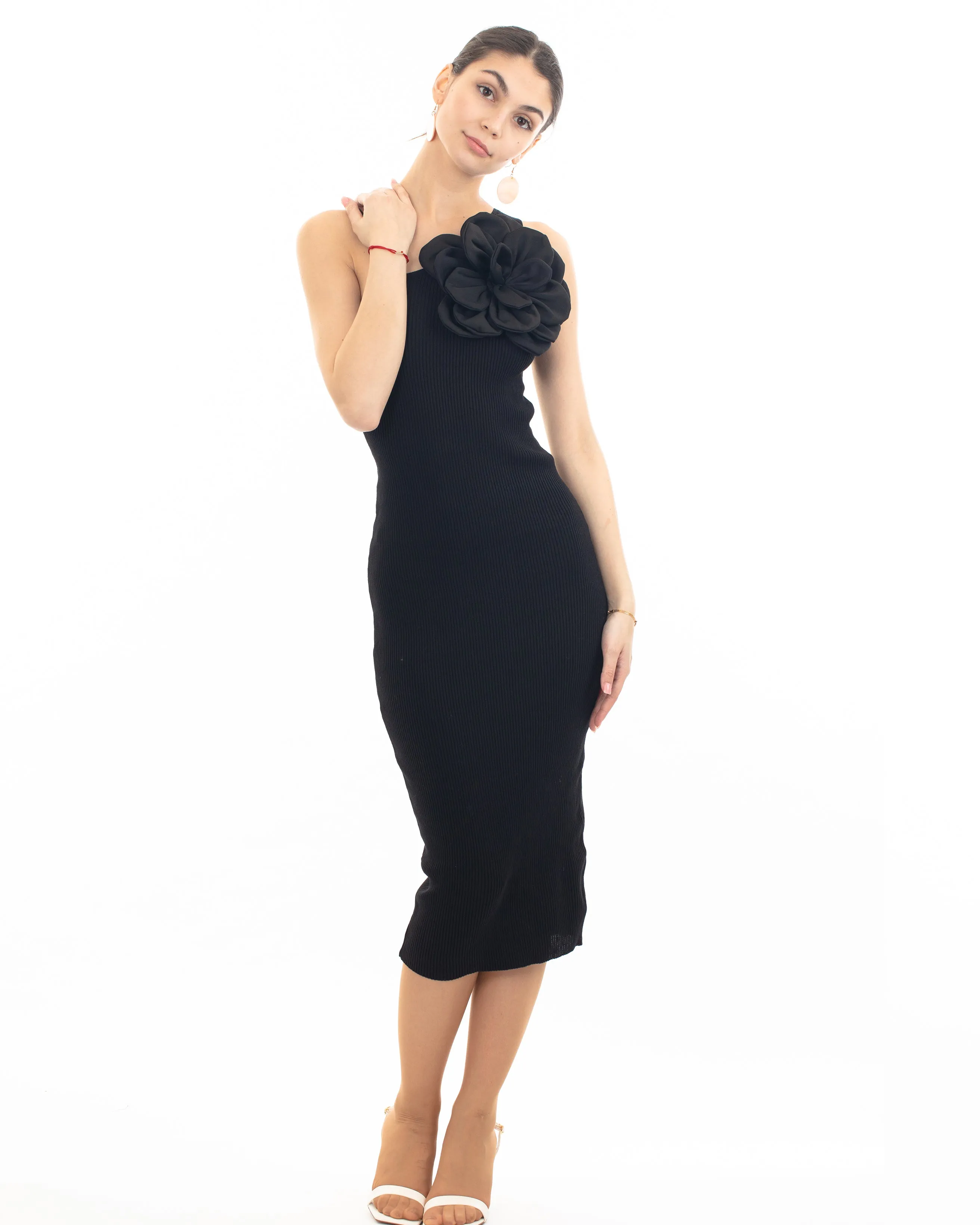 Knitted stretch cotton Bodycon midi dress with Camellias Brooches in black