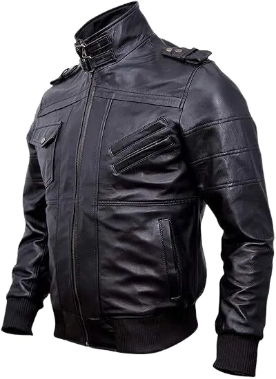 Leathrix Men's Genuine Leather Bomber Jacket with Removable Hood.