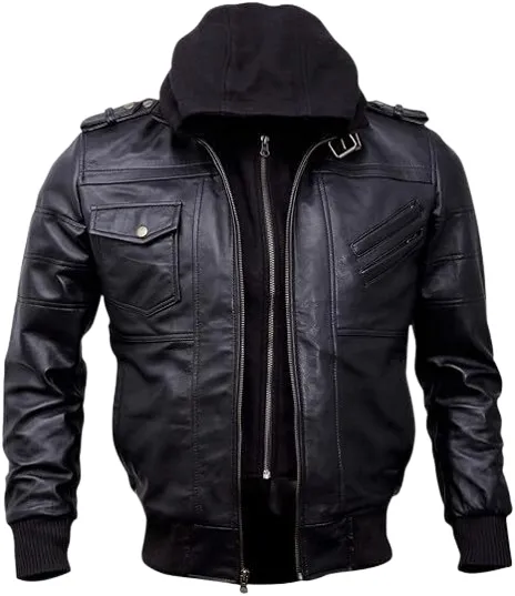 Leathrix Men's Genuine Leather Bomber Jacket with Removable Hood.