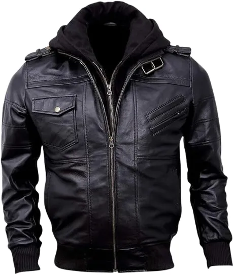 Leathrix Men's Genuine Leather Bomber Jacket with Removable Hood.