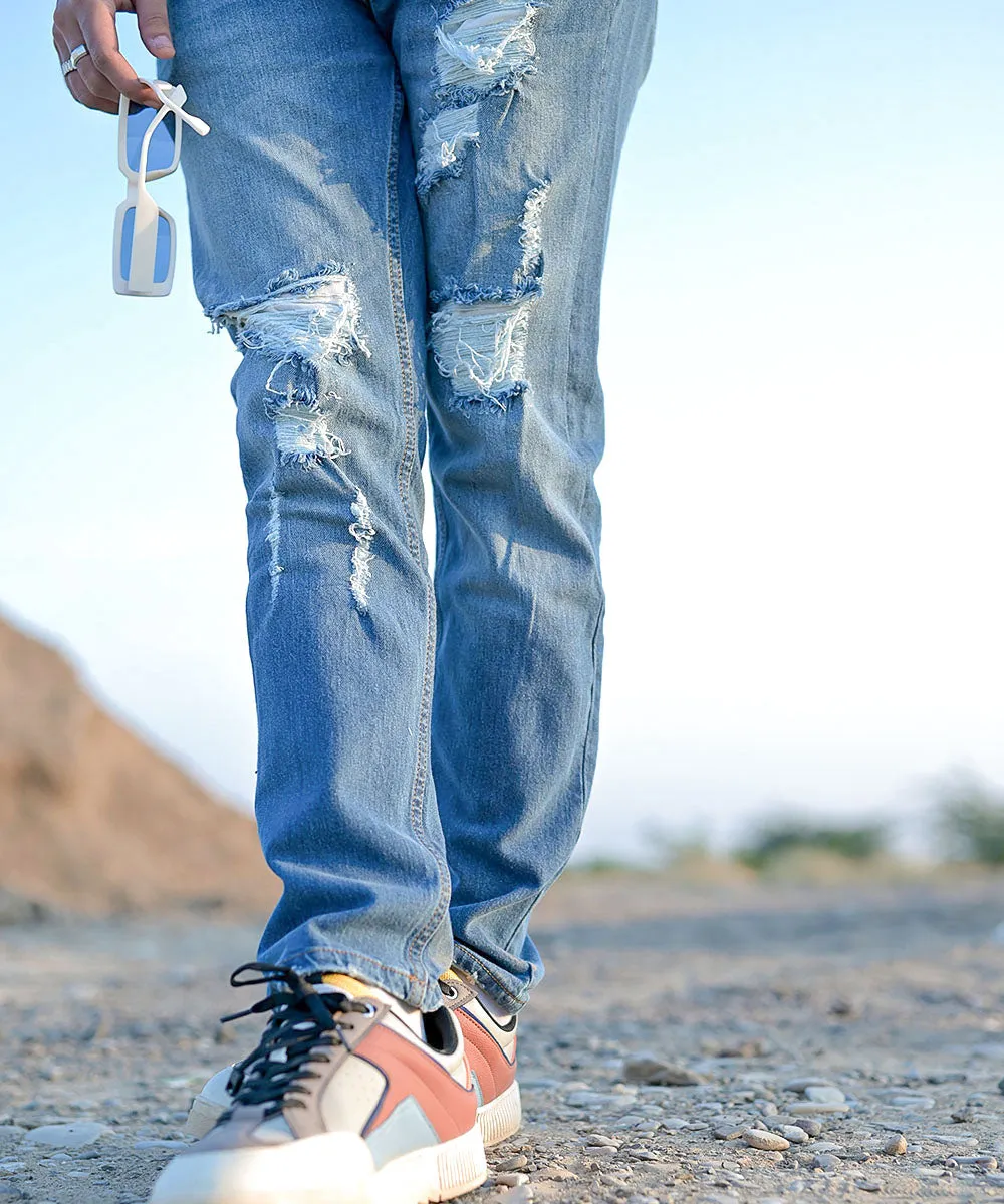 Light Blue Tapered Distressed Denim Jeans Men | El Denim Vol. 1: Highway | Weave Wardrobe