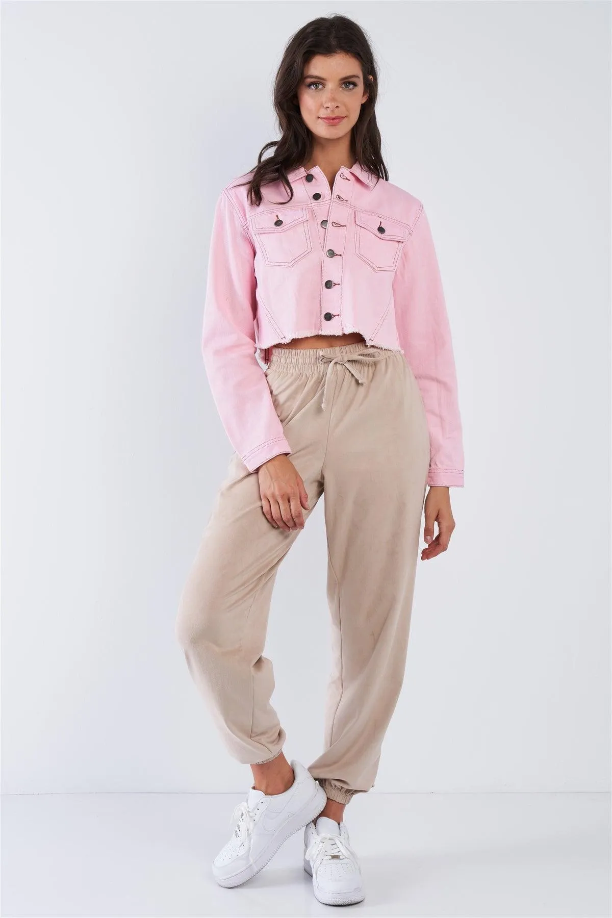 Light Pink Denim Cropped Collared Botton Up Jacket /2-2-2