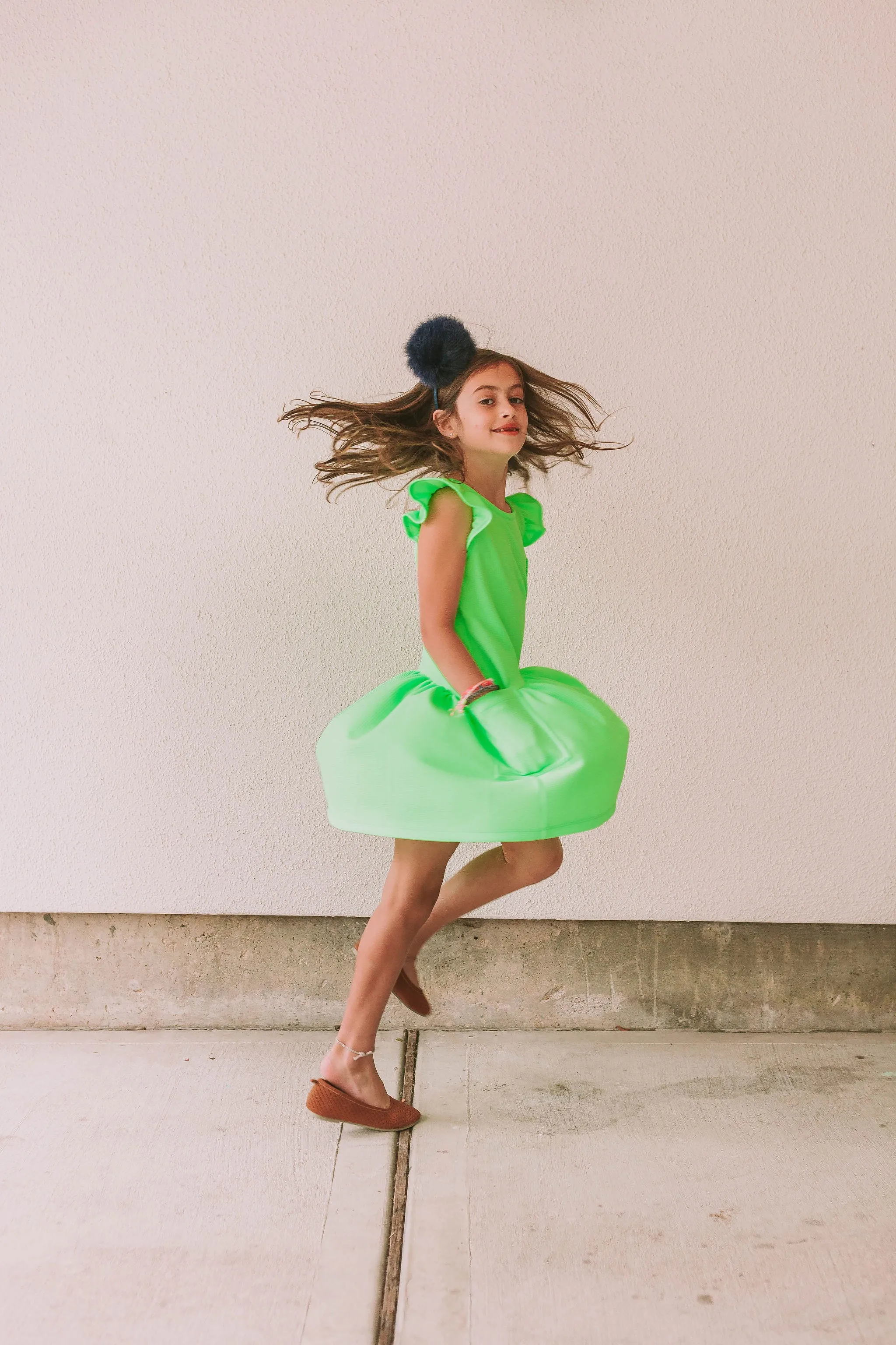 Little Girl's Neon Green Bullet Knit Cotton Three Pocket Dress