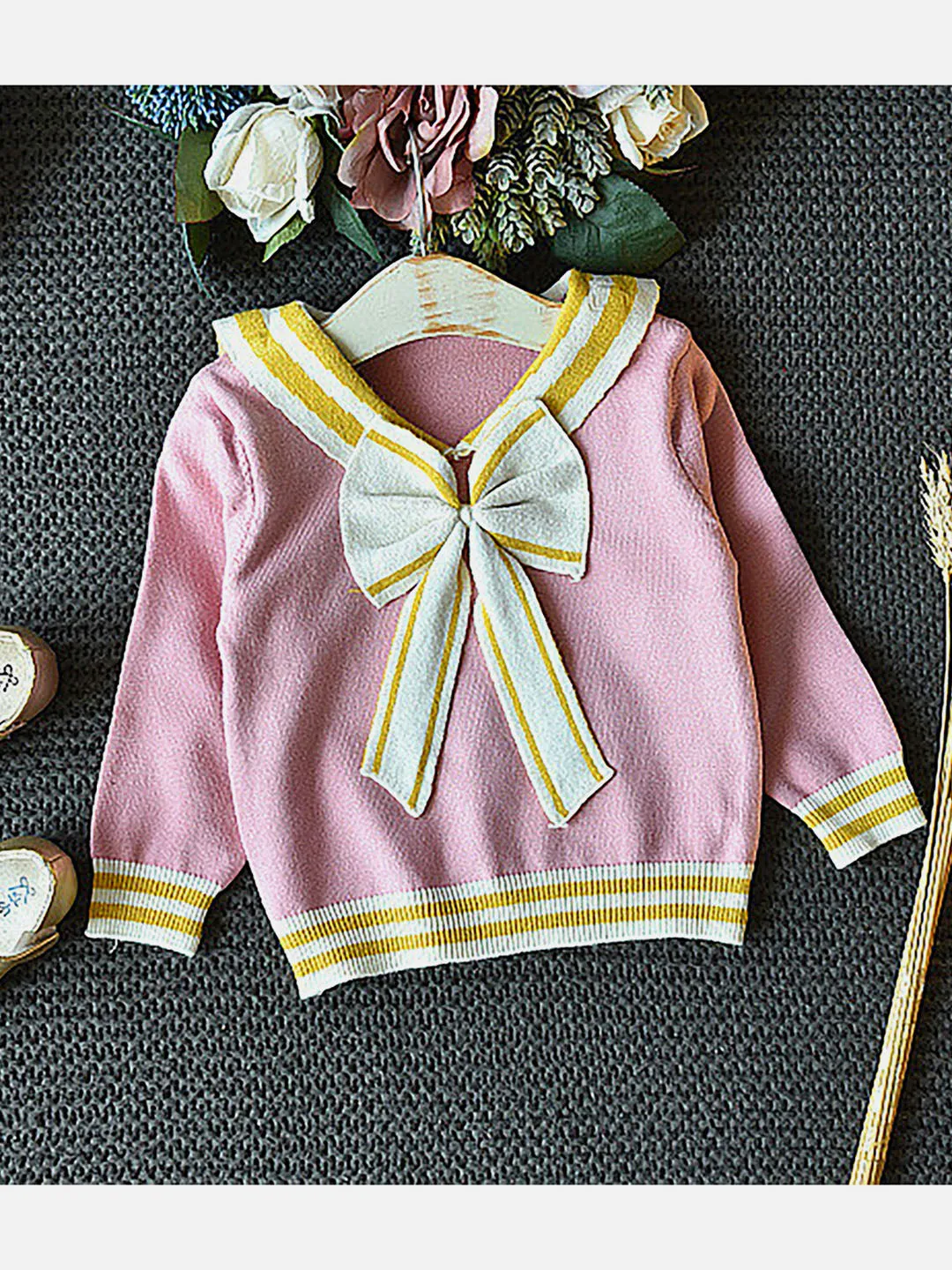 Little Surprise Box Pink & Ochre Pleated Bow 2 pcs top & Skirt Winterwear set for Girls-2-3Y