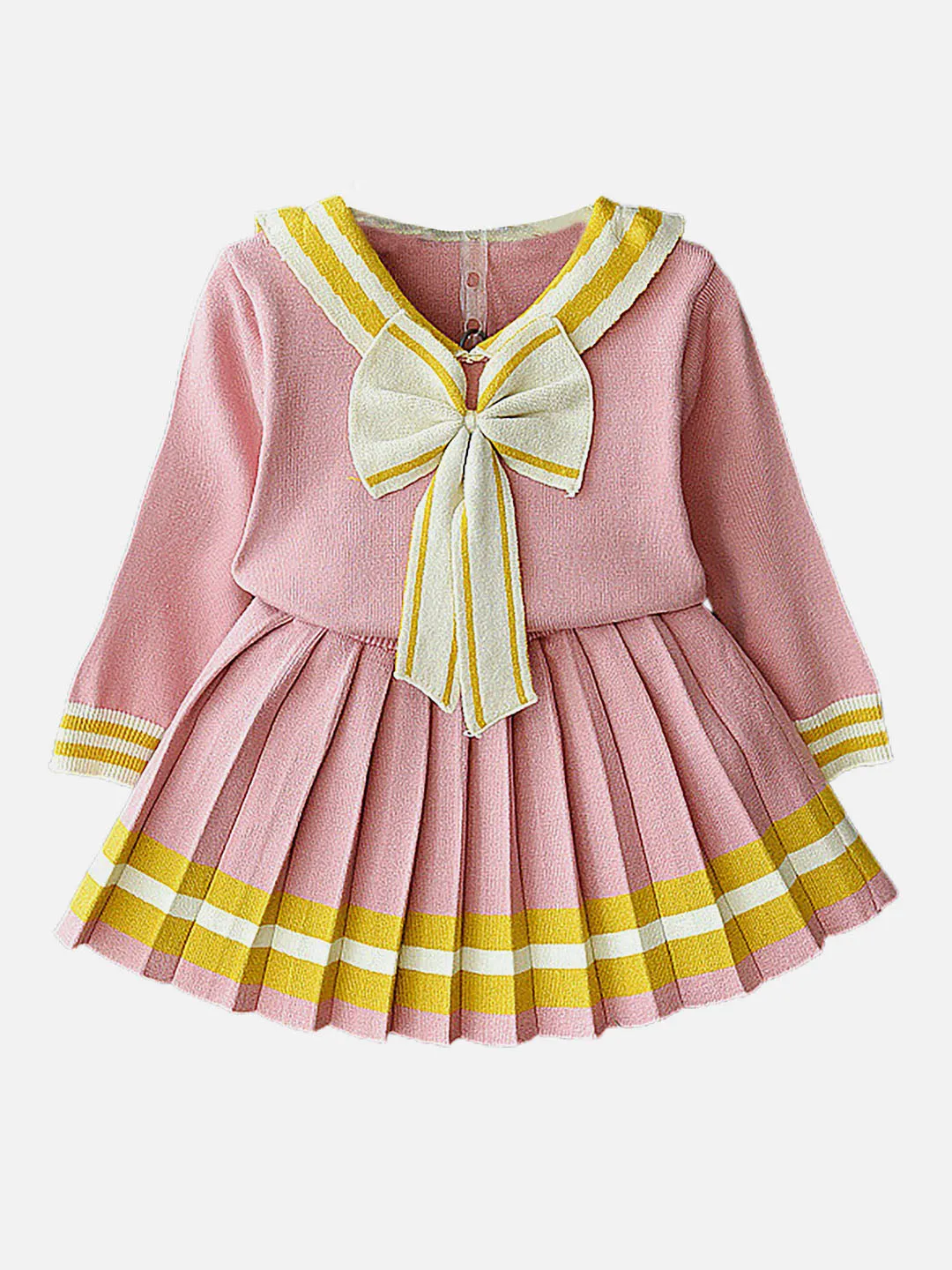 Little Surprise Box Pink & Ochre Pleated Bow 2 pcs top & Skirt Winterwear set for Girls-2-3Y