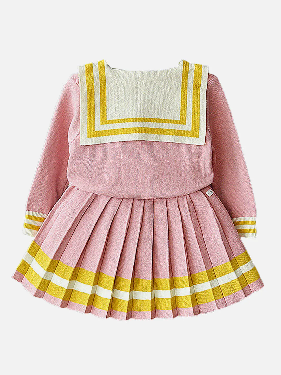 Little Surprise Box Pink & Ochre Pleated Bow 2 pcs top & Skirt Winterwear set for Girls-2-3Y