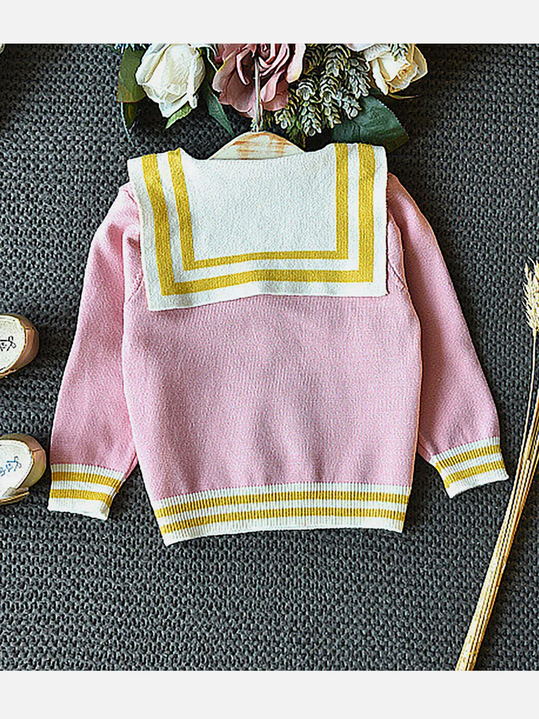 Little Surprise Box Pink & Ochre Pleated Bow 2 pcs top & Skirt Winterwear set for Girls-2-3Y