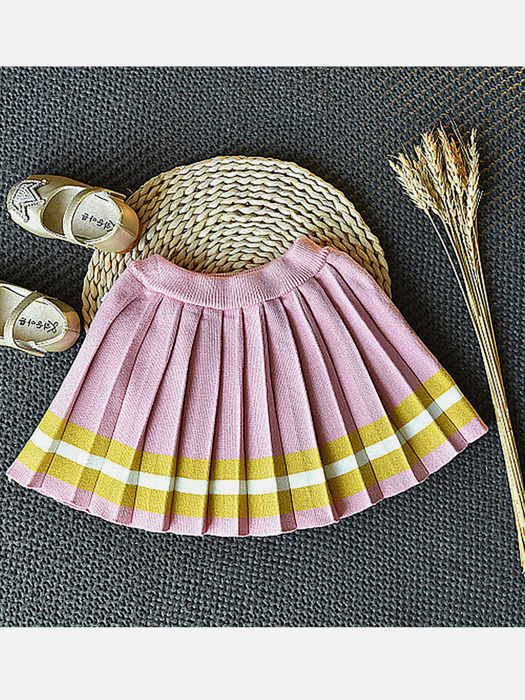 Little Surprise Box Pink & Ochre Pleated Bow 2 pcs top & Skirt Winterwear set for Girls-2-3Y