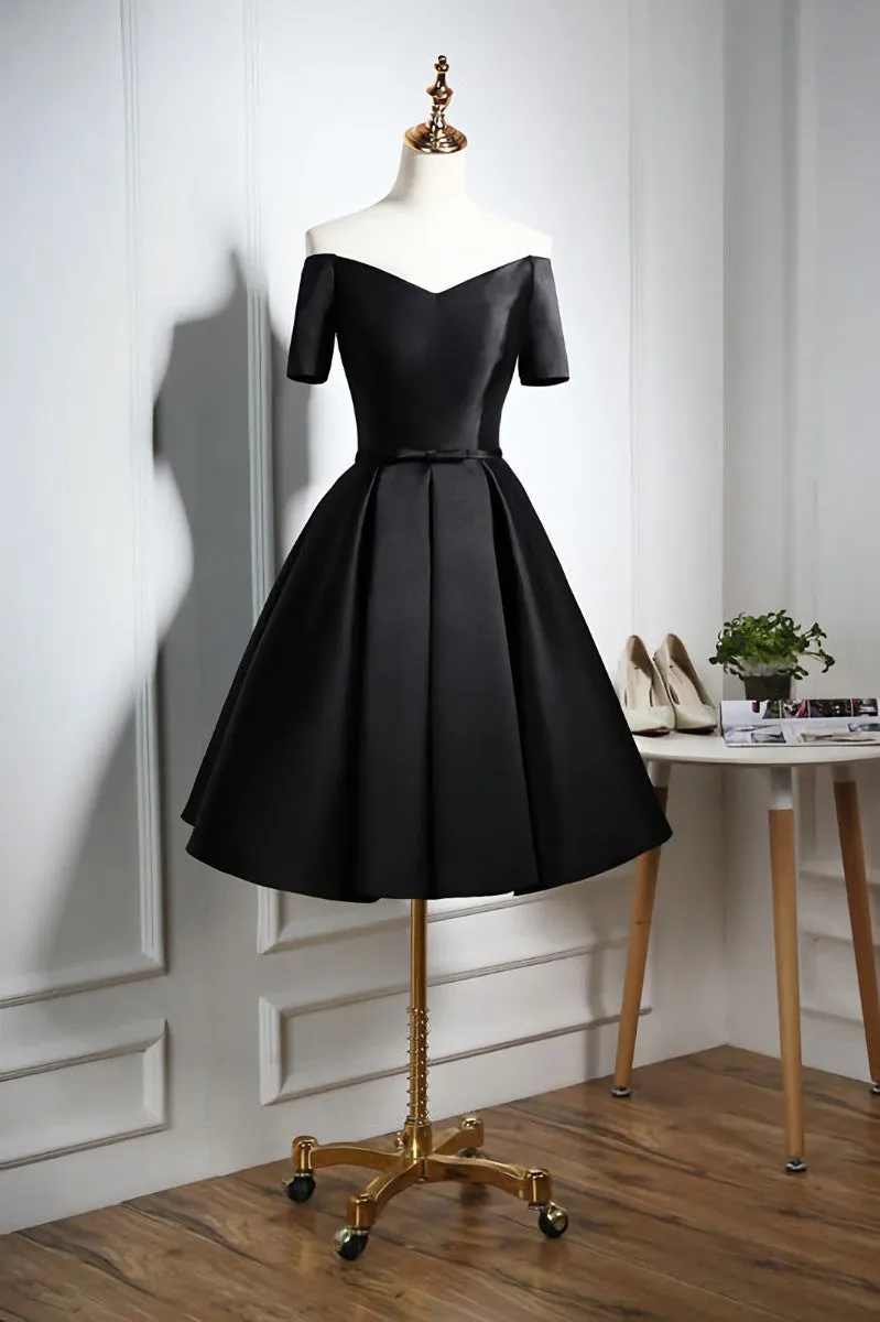 Lovely Black Satin Short Prom Dress, Black Party Dress