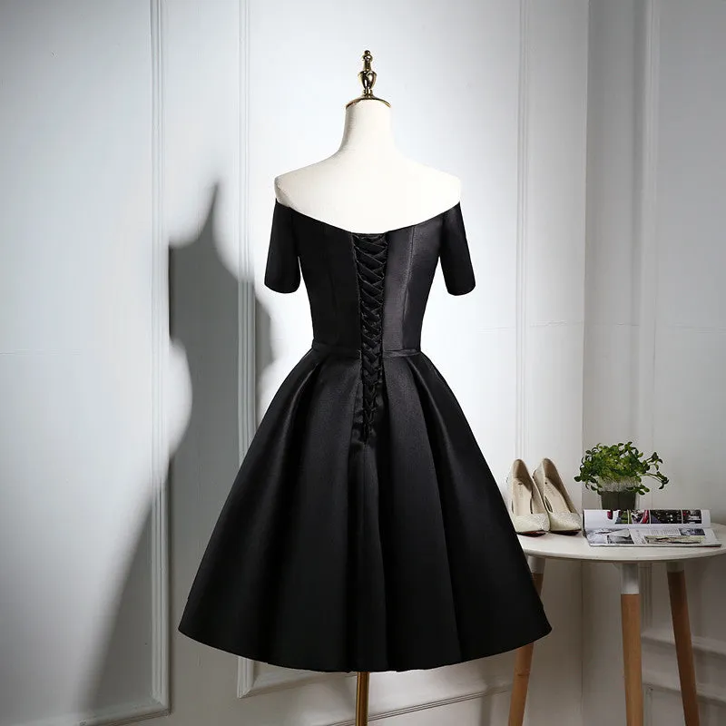 Lovely Black Satin Short Prom Dress, Black Party Dress