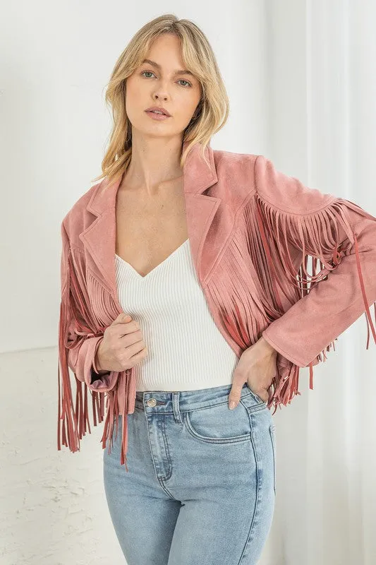 Mauve Pink Faux Leather Suede Fringe Cropped Western Boho Moto Jacket Women's