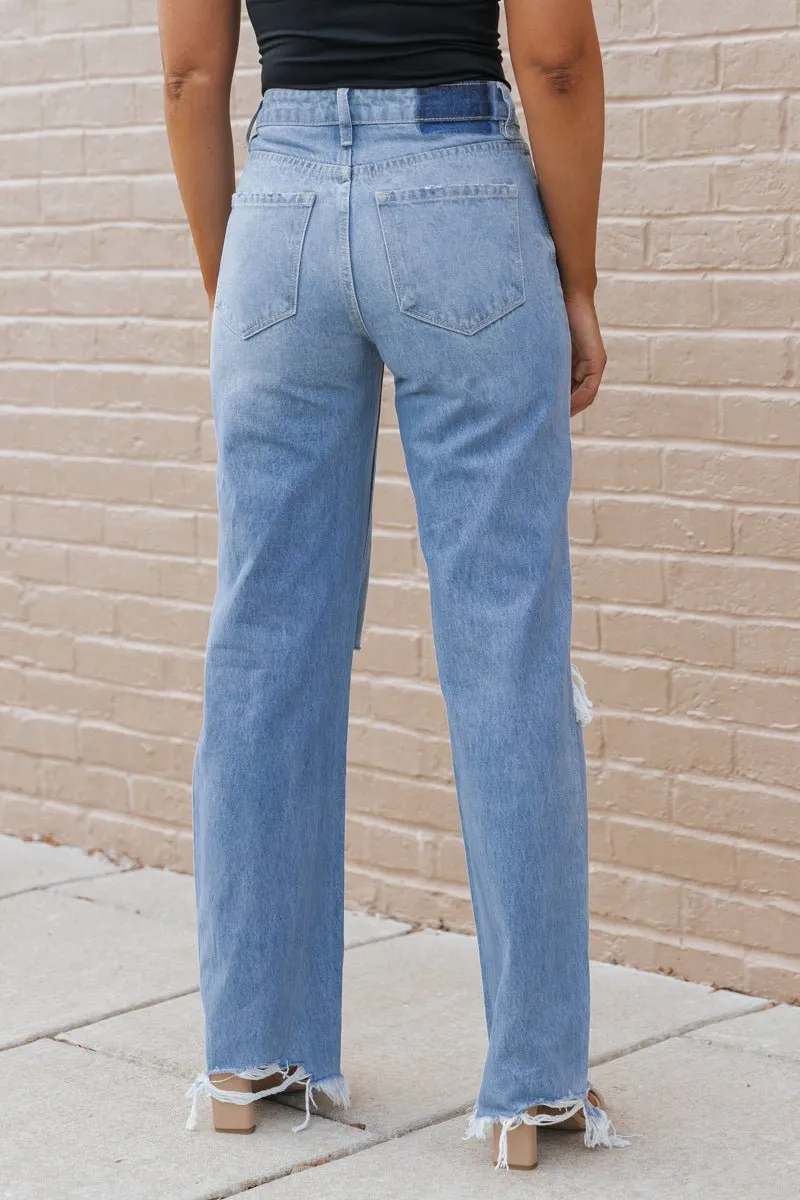 Medium Wash Destroyed Wide Leg Jeans