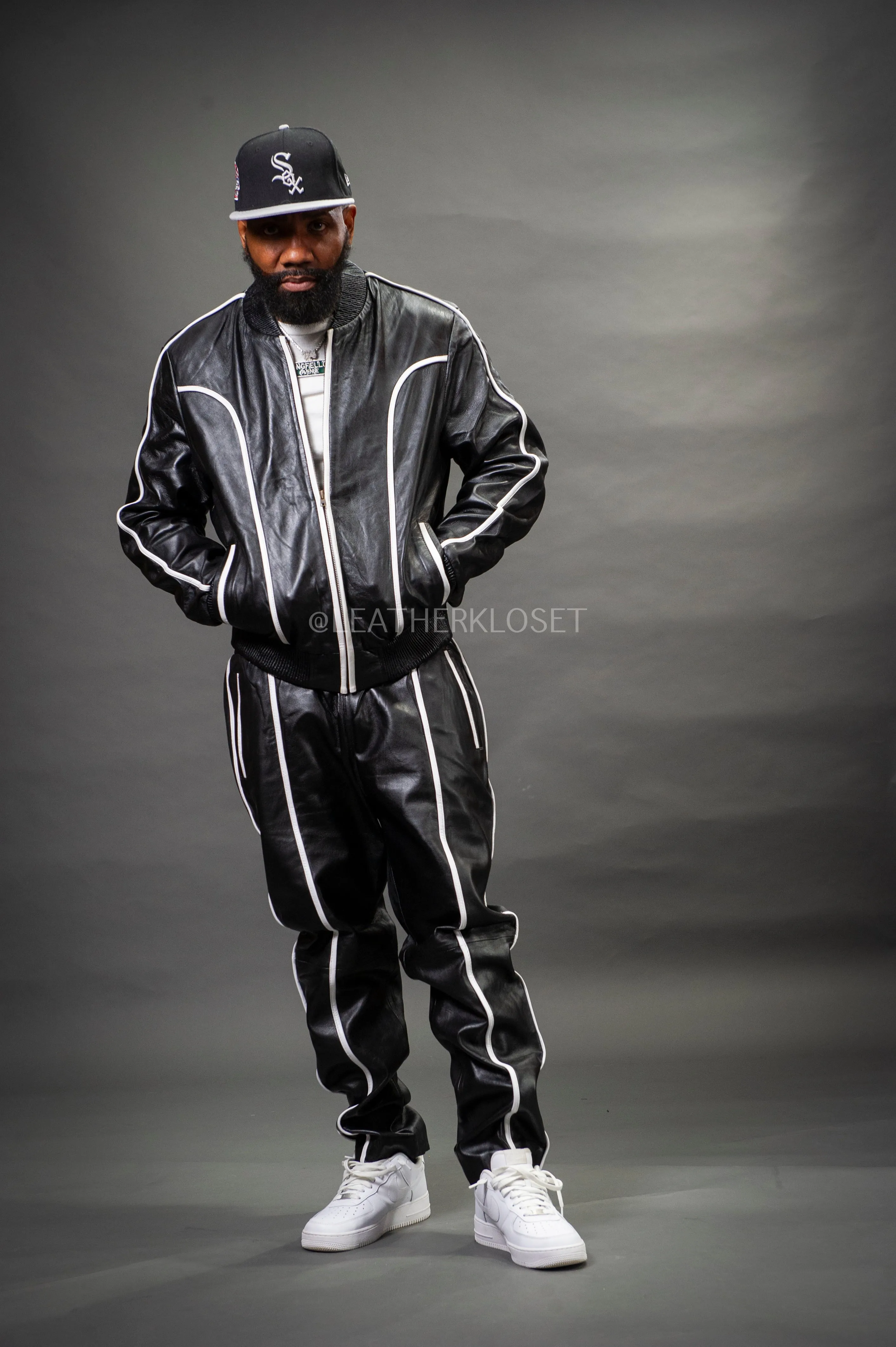 Men's Brayden Leather Track Suit Sweatsuit [Black/White]