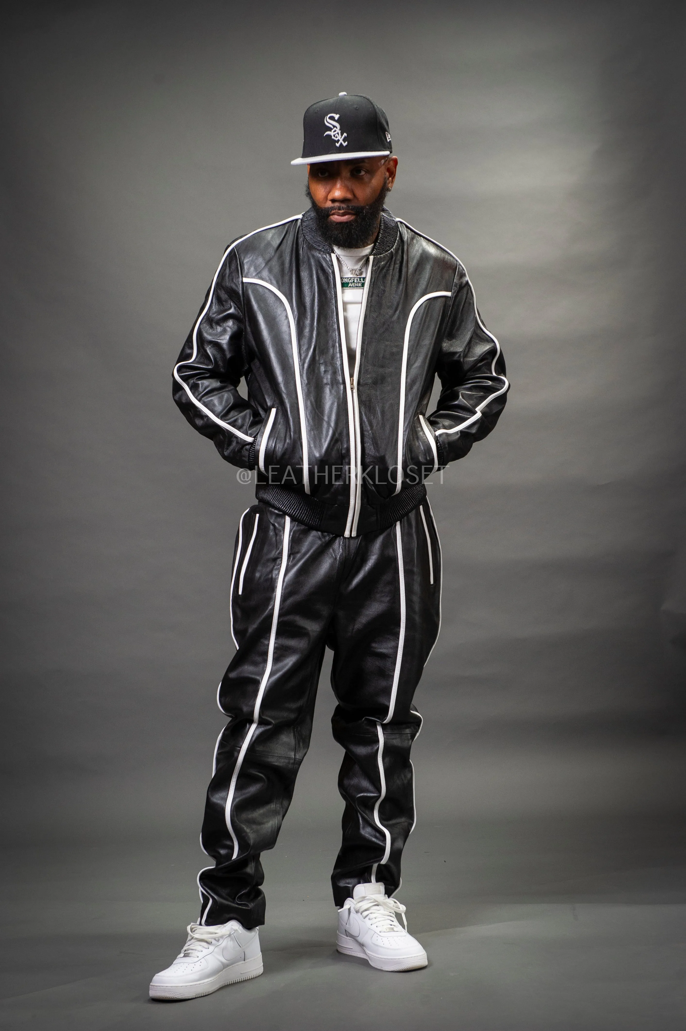 Men's Brayden Leather Track Suit Sweatsuit [Black/White]