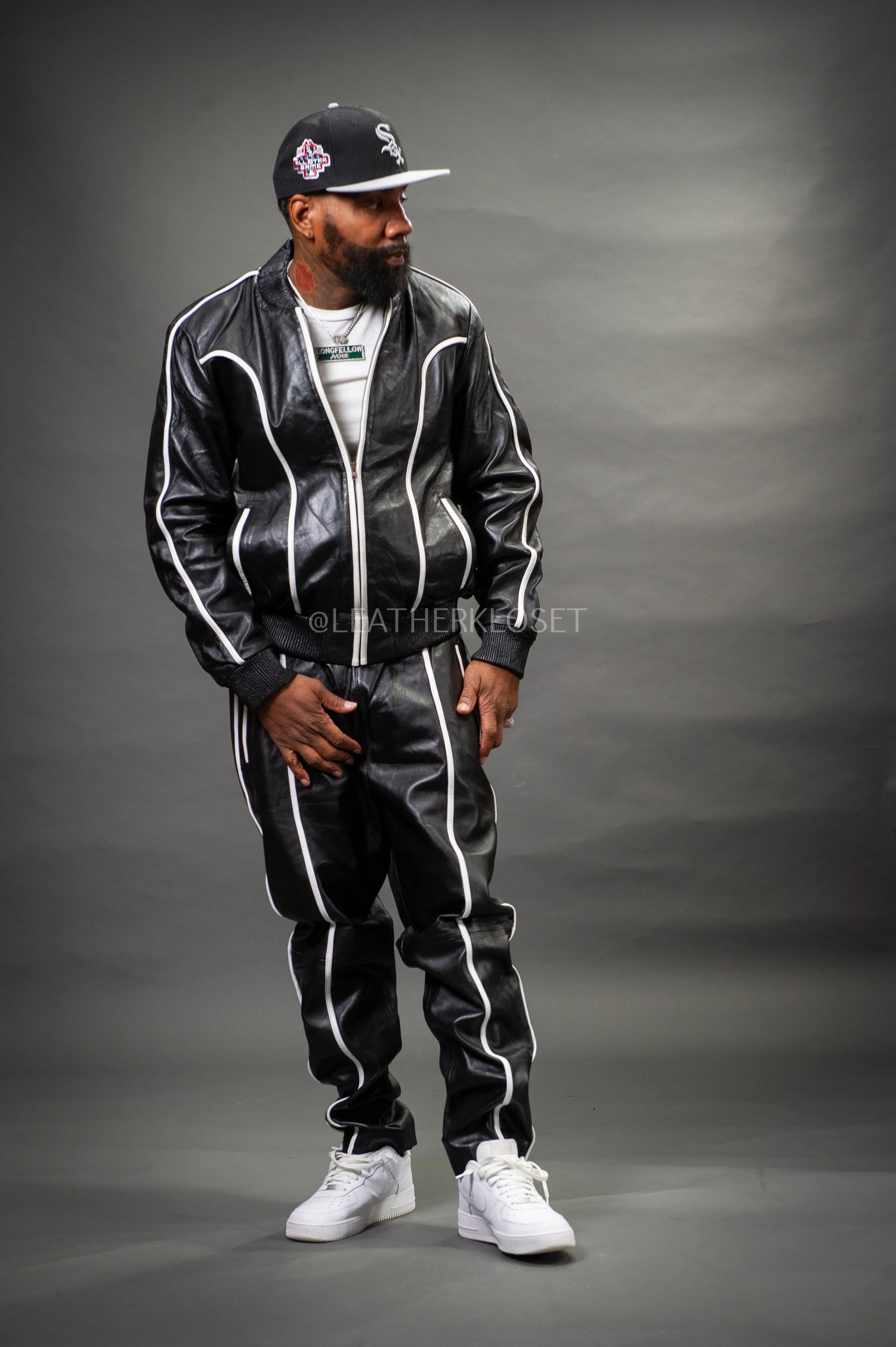 Men's Brayden Leather Track Suit Sweatsuit [Black/White]