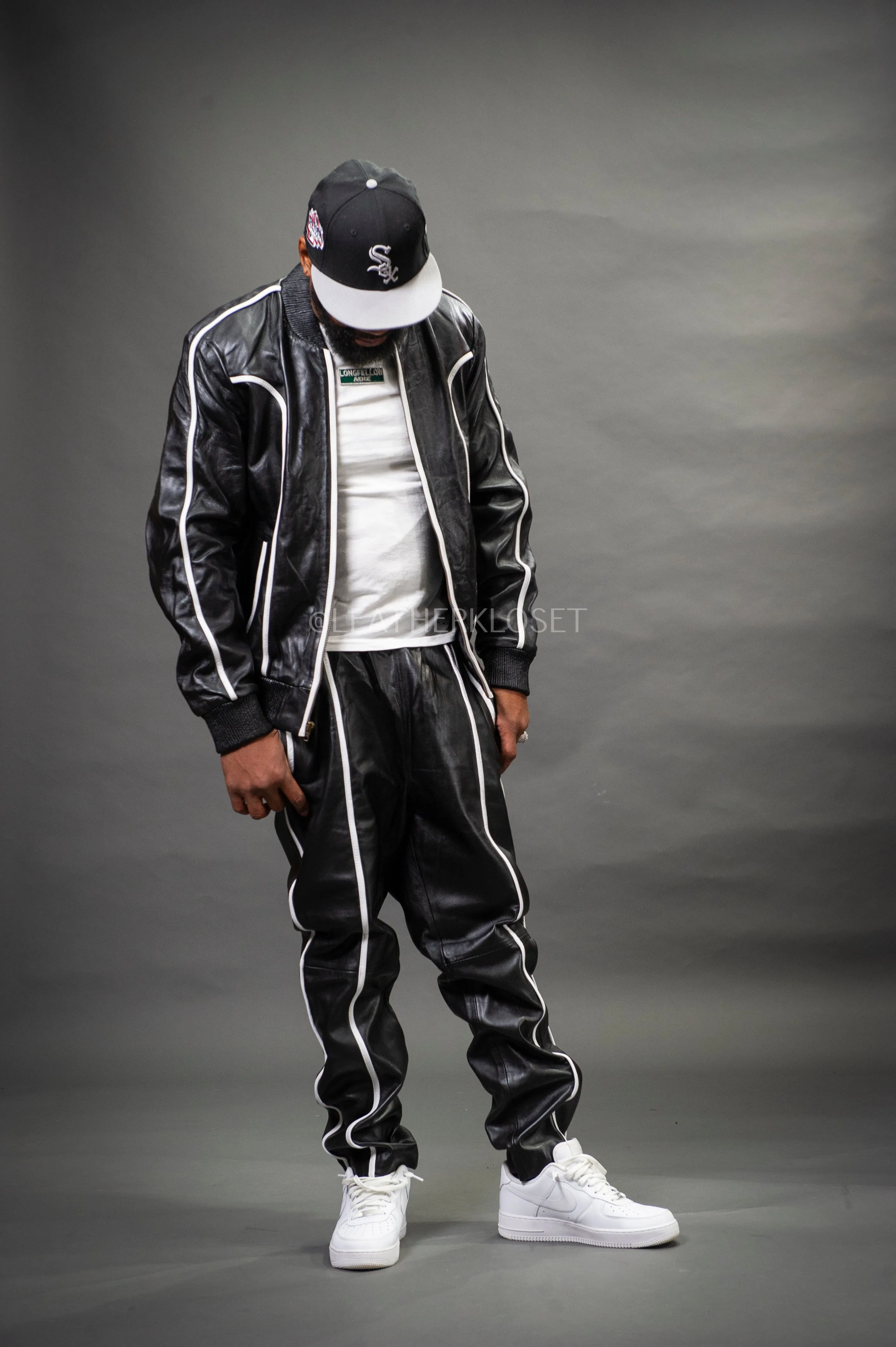 Men's Brayden Leather Track Suit Sweatsuit [Black/White]