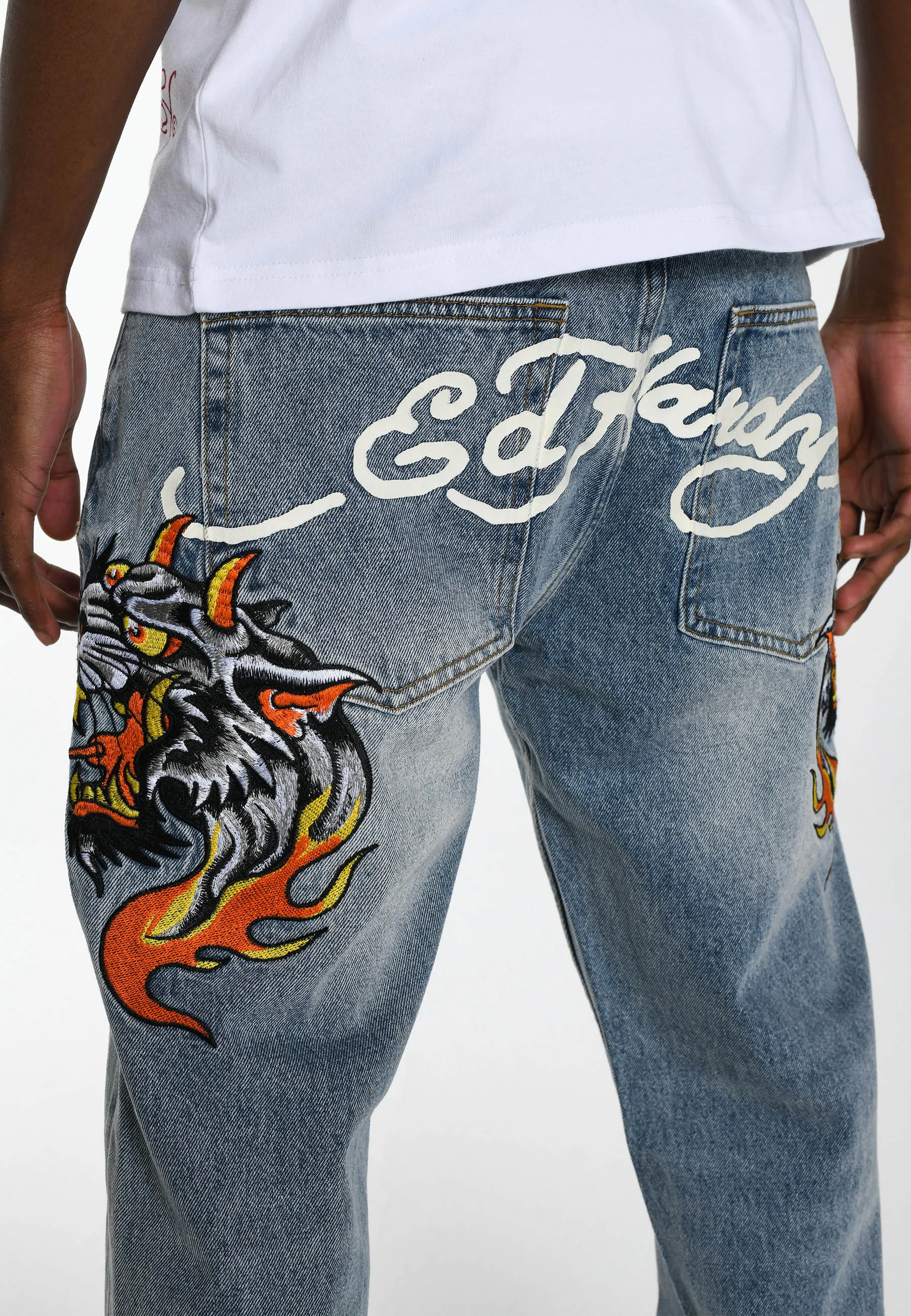 Mens Hell-Cats Tattoo Graphic Denim Trousers Jeans - Bleach