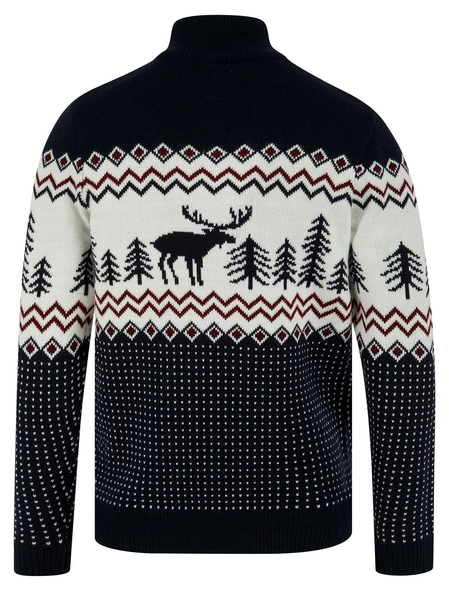 Men's Hindley Nordic Fair Isle Jacquard Knit Christmas Jumper with Quarter Zip Funnel Neck in Ink - Merry Christmas