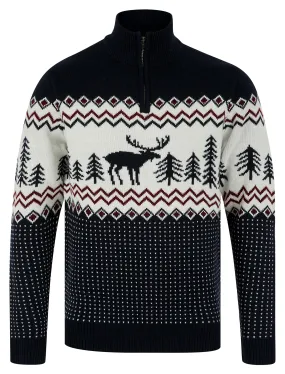 Men's Hindley Nordic Fair Isle Jacquard Knit Christmas Jumper with Quarter Zip Funnel Neck in Ink - Merry Christmas