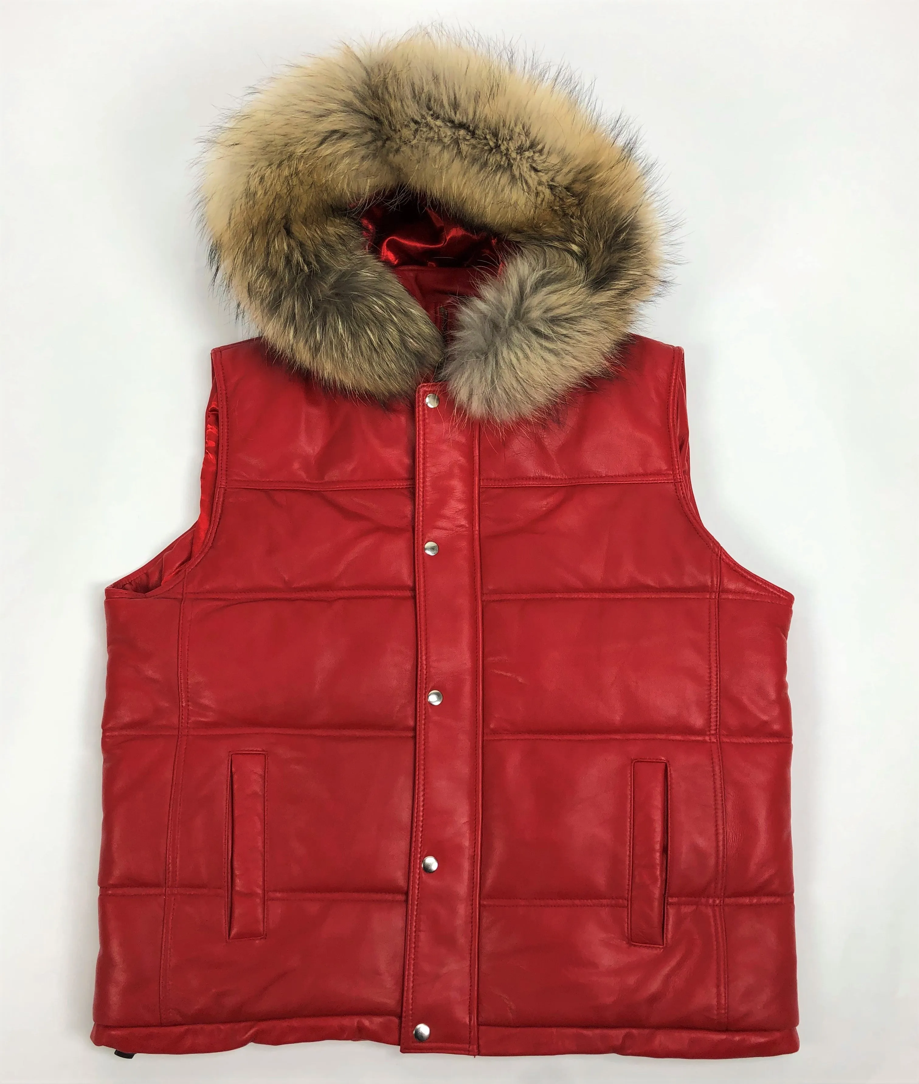 Men's Leather Bubble Vest With Premium Raccoon Fur Hood