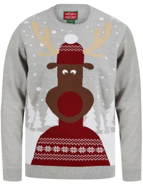 Men’s Snow Scene Rudolph Motif Novelty Christmas Jumper in Light Silver Marl - Merry Christmas