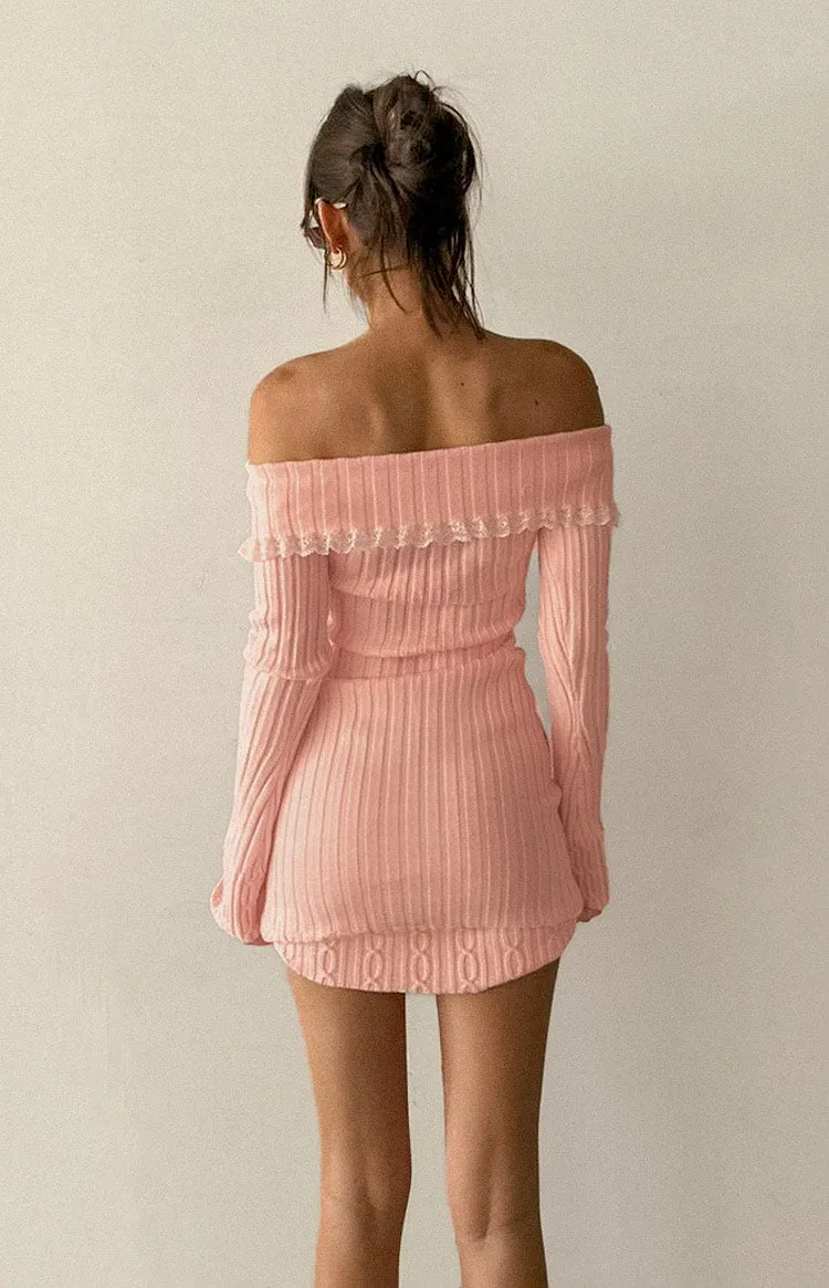 Mimi Pink Long Sleeve Off Shoulder Knit Mini Dress