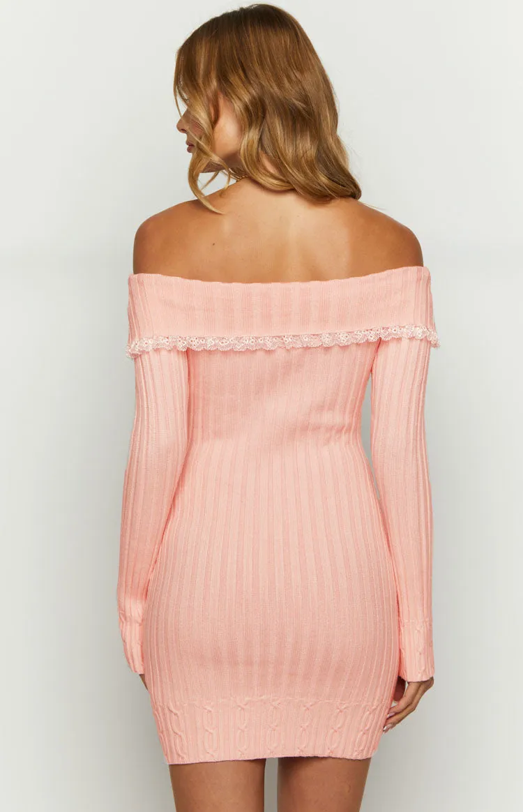 Mimi Pink Long Sleeve Off Shoulder Knit Mini Dress