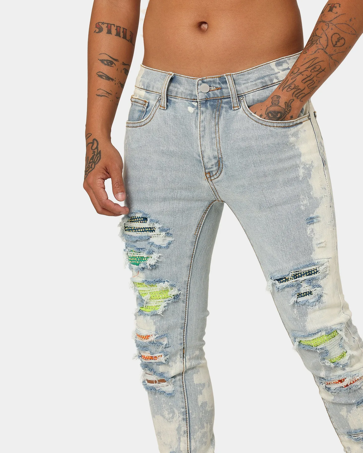 MNML X409 Stretch Rhinestone Denim Jeans Blue