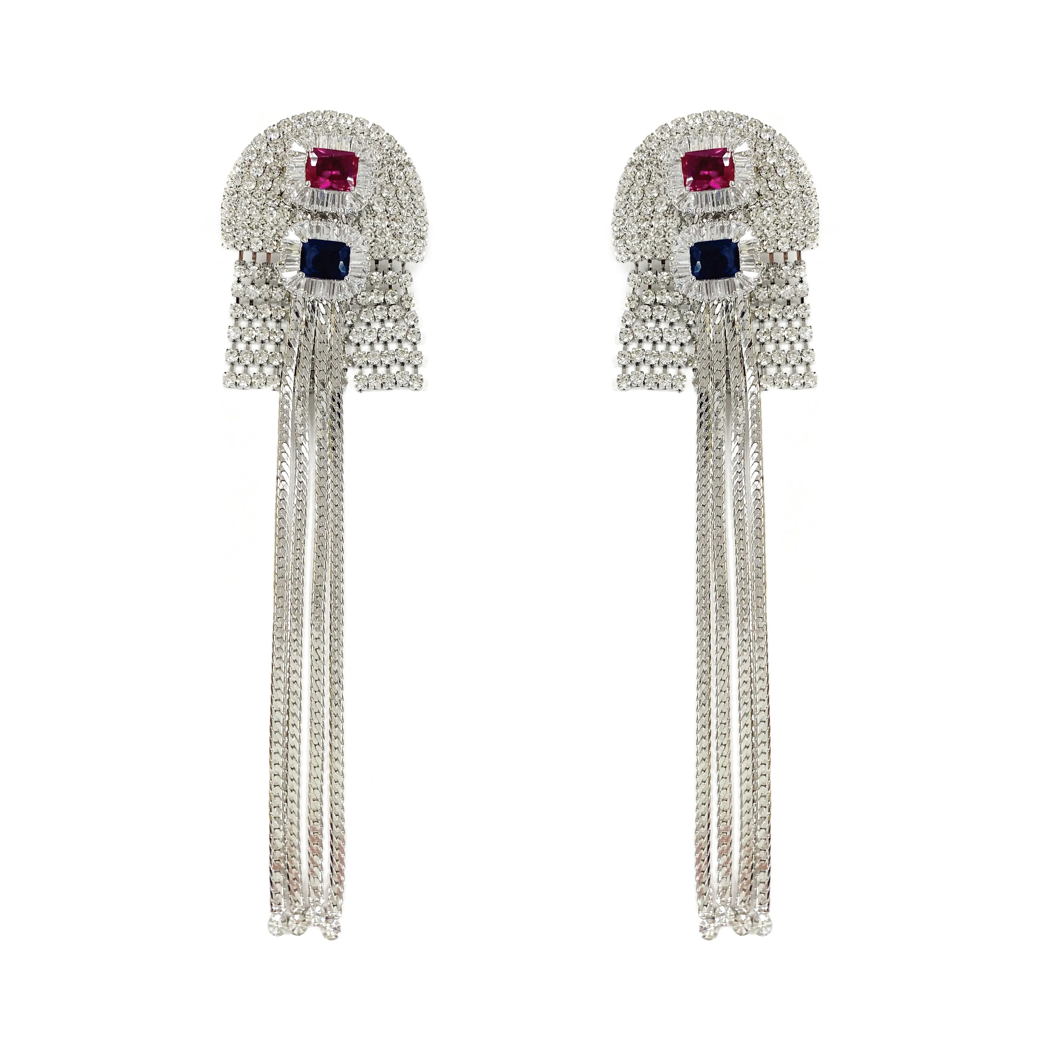 MULTI COLOUR STUD CRYSTAL FRINGE EARRINGS