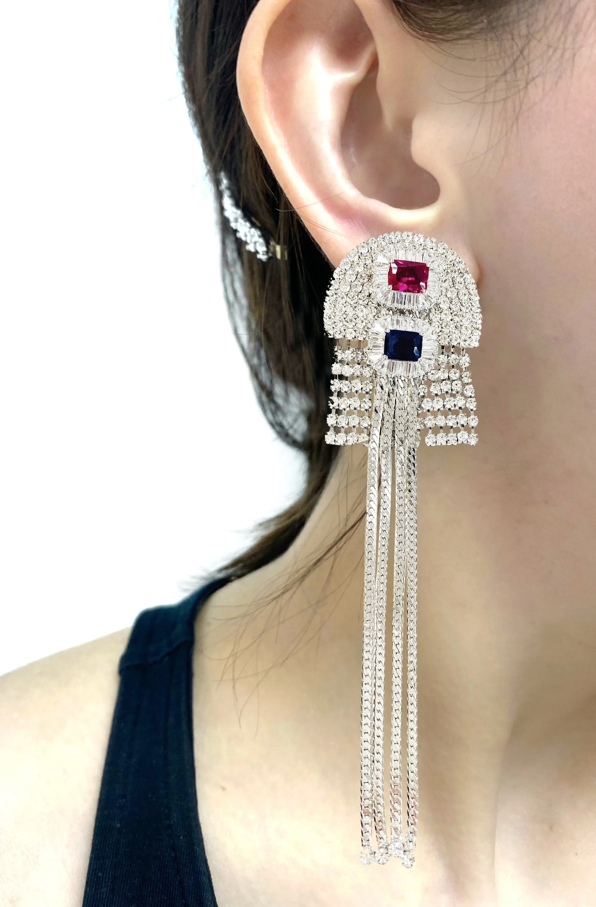 MULTI COLOUR STUD CRYSTAL FRINGE EARRINGS