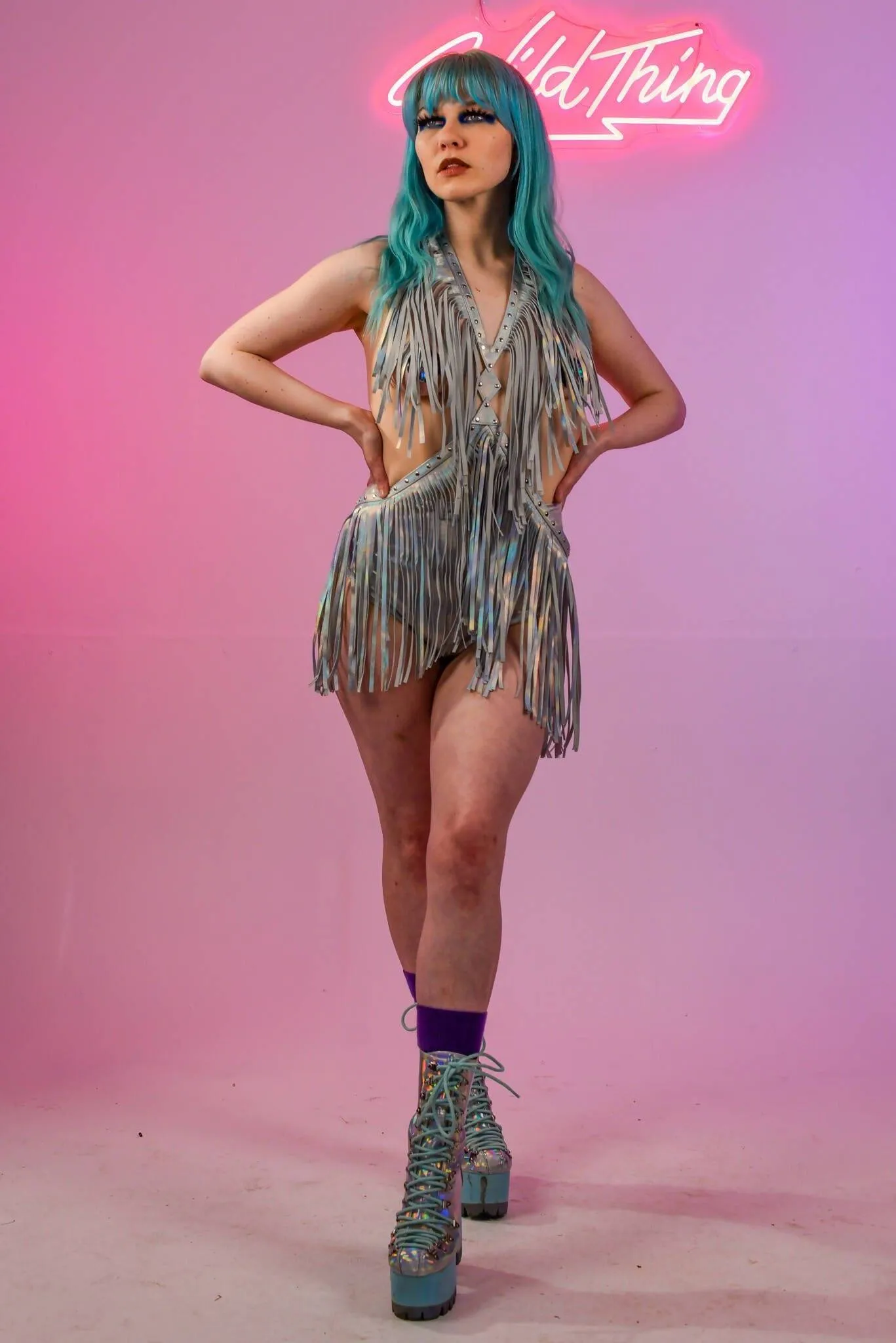 NEVERLAND FRINGE HARNESS DRESS - HOLOGRAPHIC SILVER