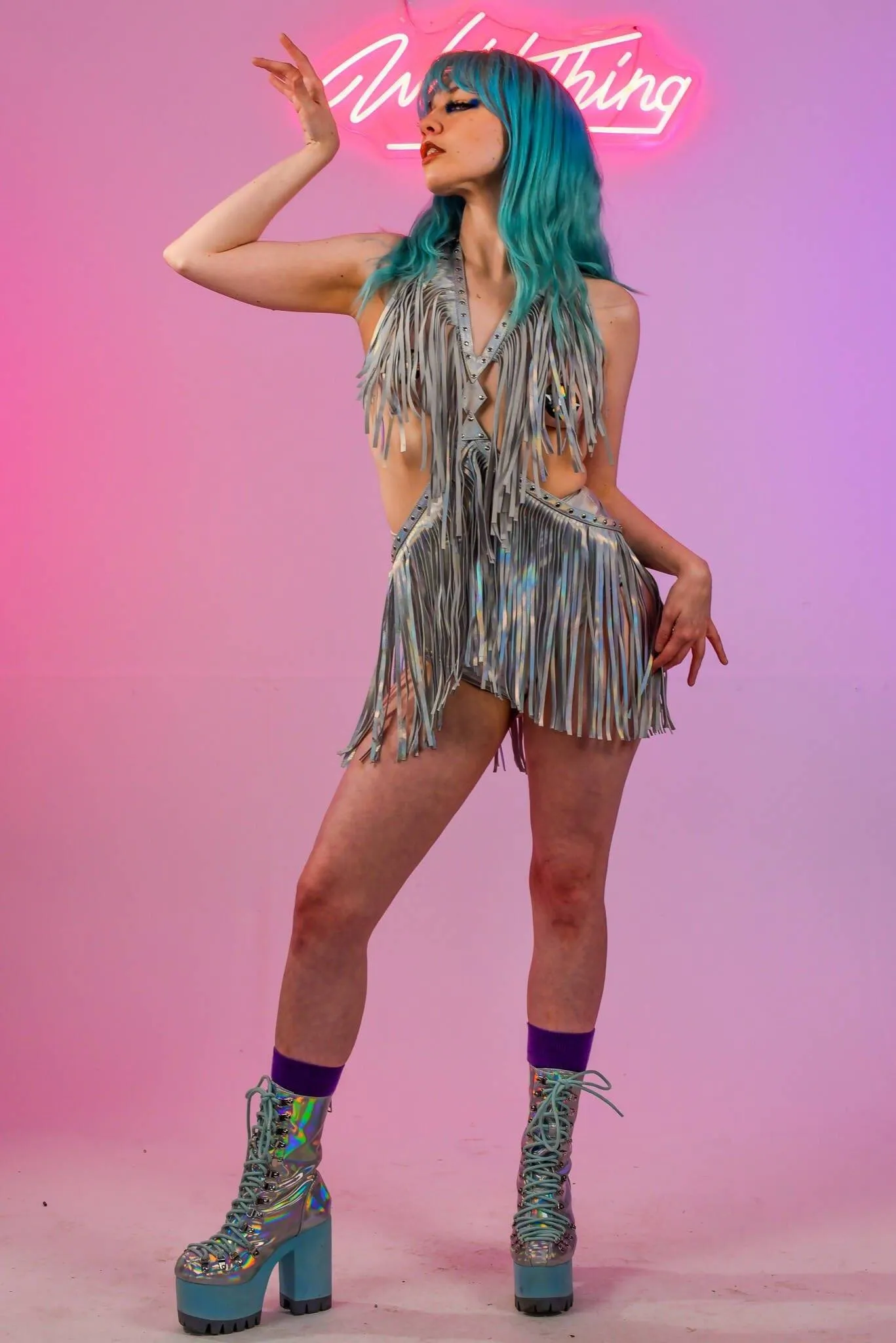 NEVERLAND FRINGE HARNESS DRESS - HOLOGRAPHIC SILVER