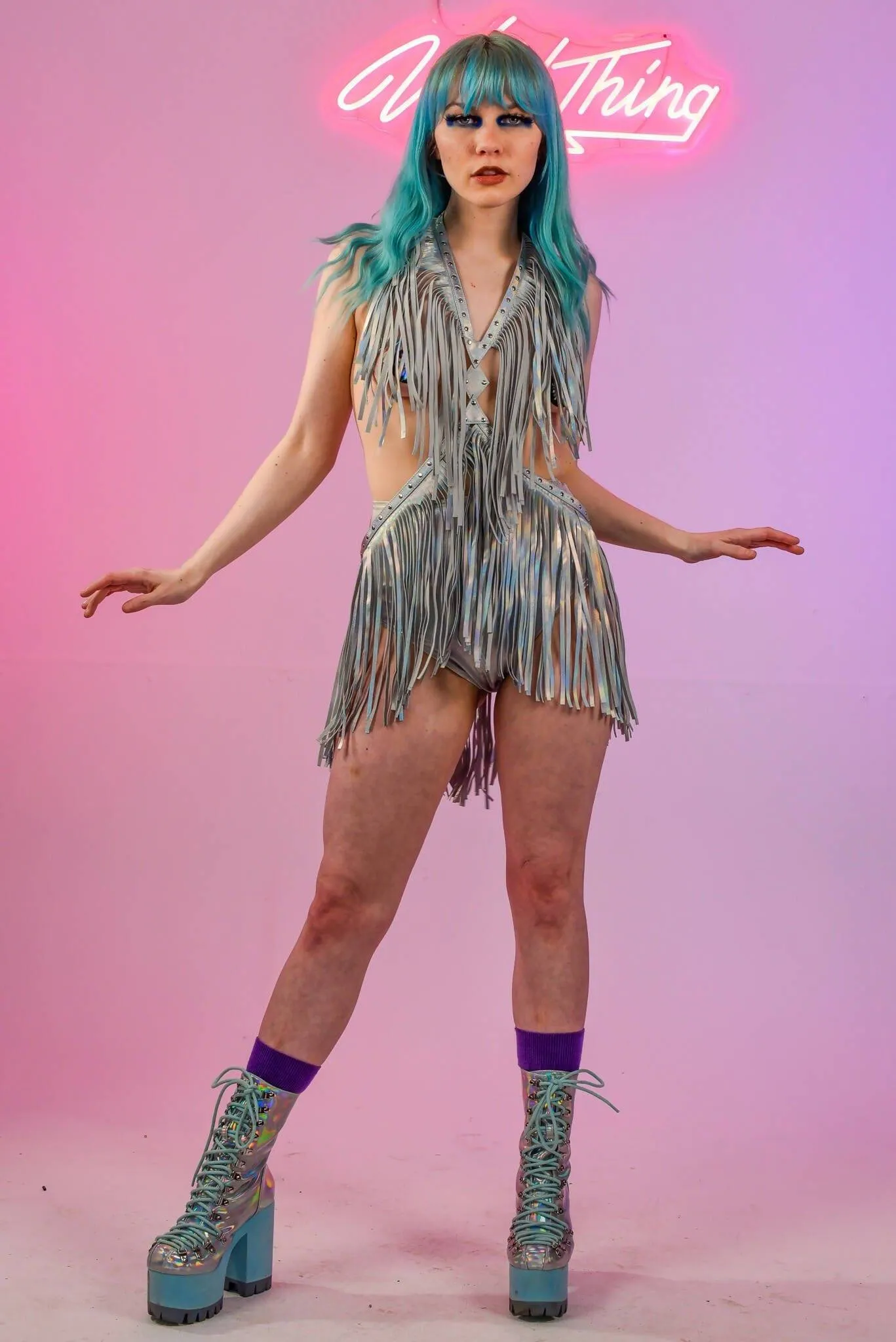 NEVERLAND FRINGE HARNESS DRESS - HOLOGRAPHIC SILVER