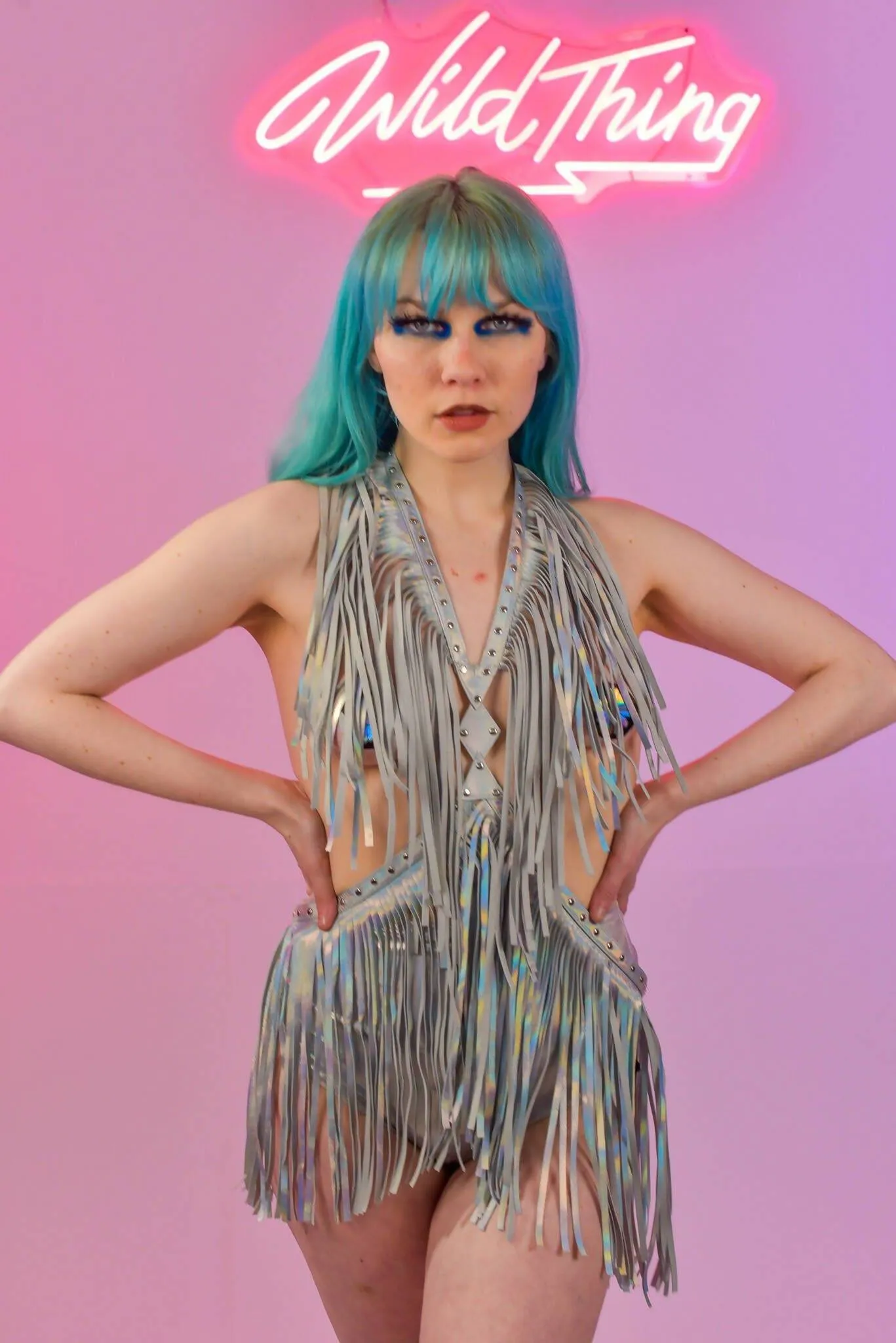 NEVERLAND FRINGE HARNESS DRESS - HOLOGRAPHIC SILVER