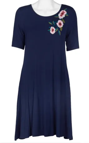 Nina Leonard Short Sleeve Navy Embroidered Jersey Dress