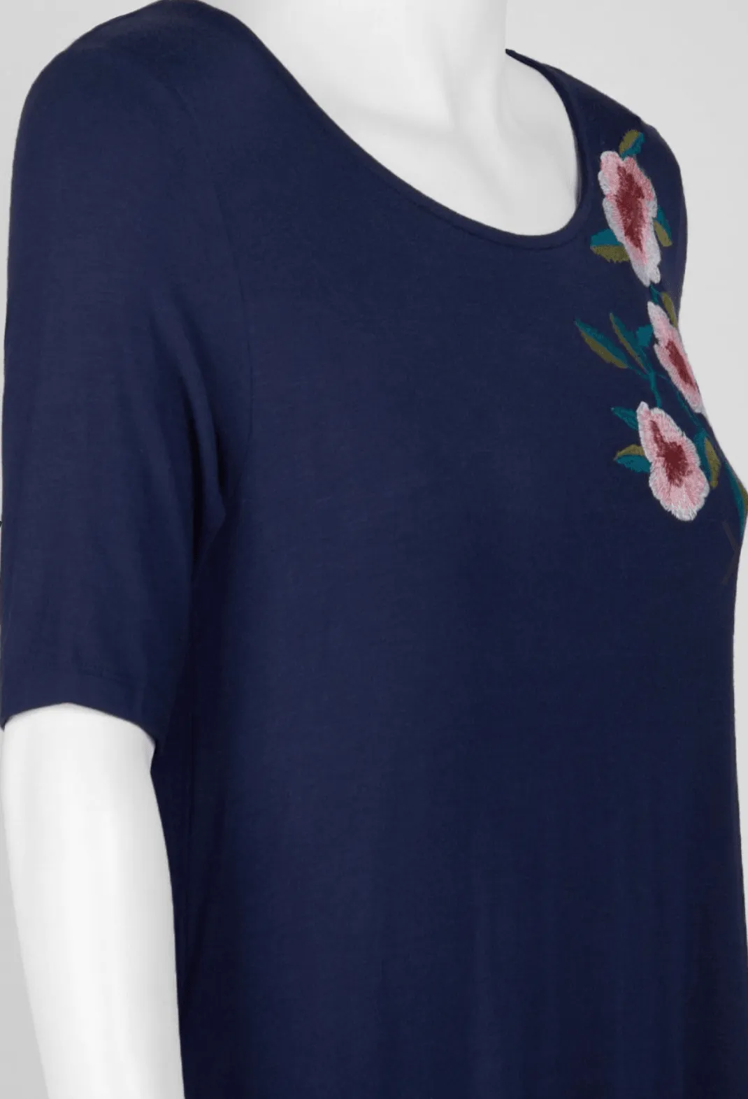 Nina Leonard Short Sleeve Navy Embroidered Jersey Dress