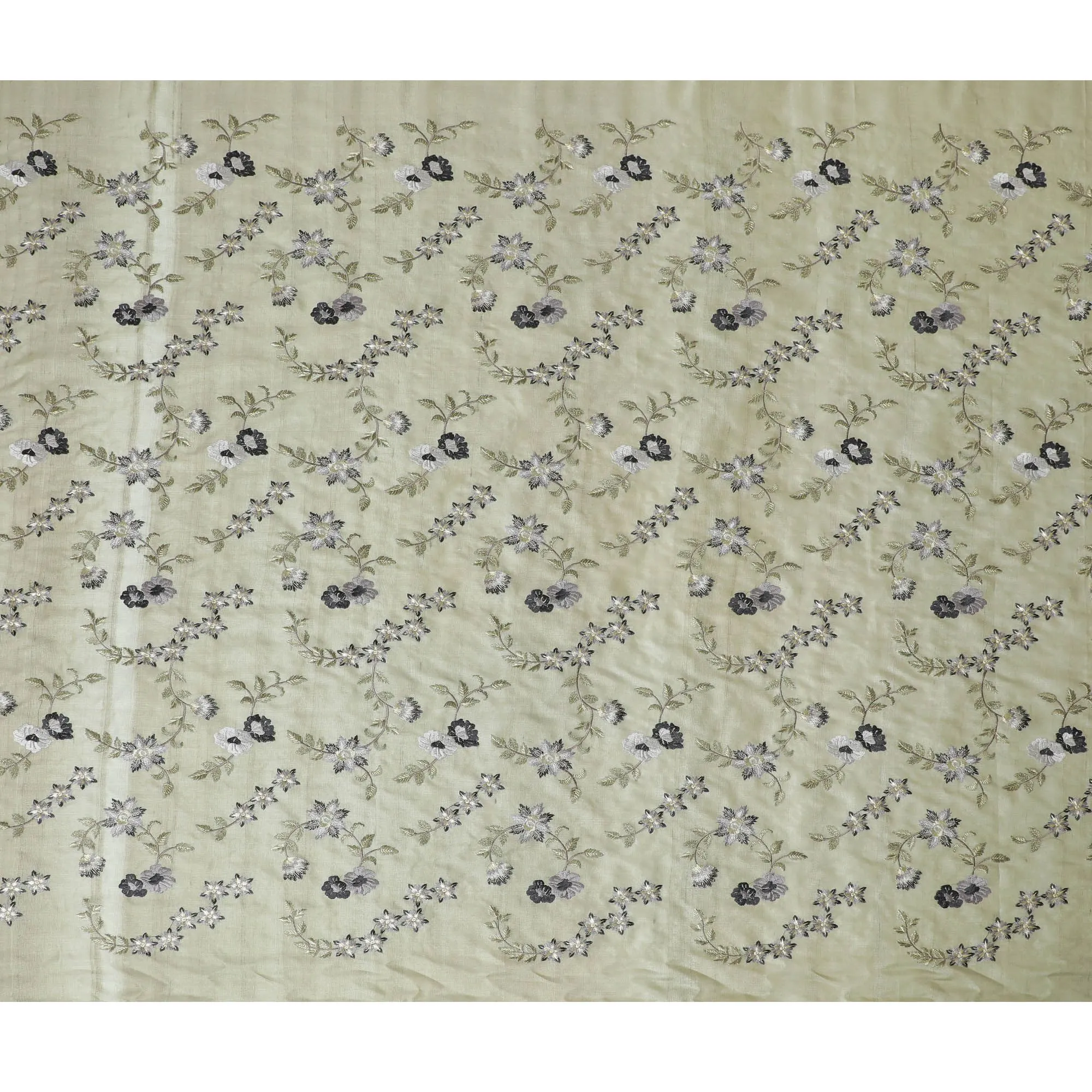 Olive Green Tussar Silk Fabric with Black and White Embroidery, 110cm Width - Indian Heritage Textile-D17926