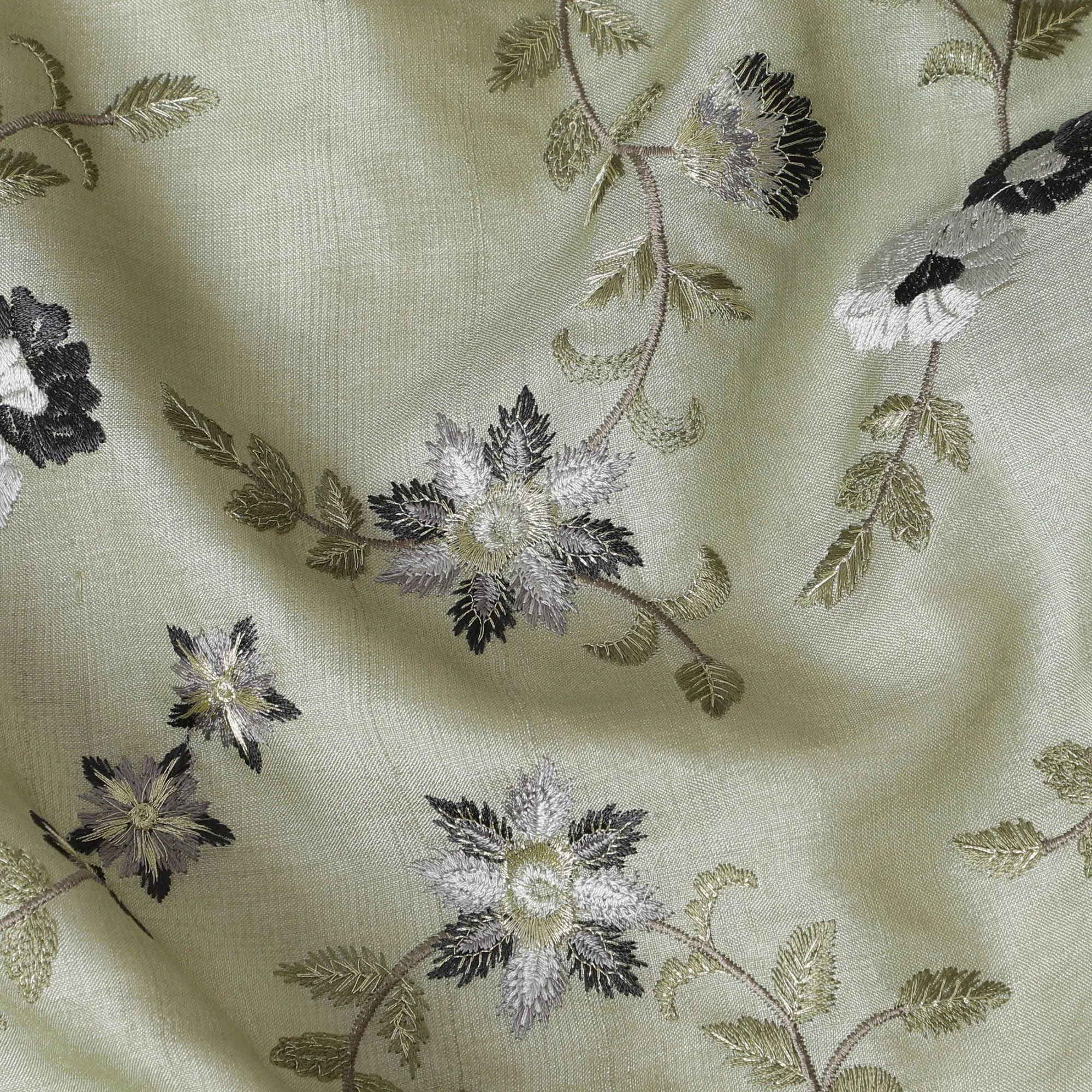 Olive Green Tussar Silk Fabric with Black and White Embroidery, 110cm Width - Indian Heritage Textile-D17926