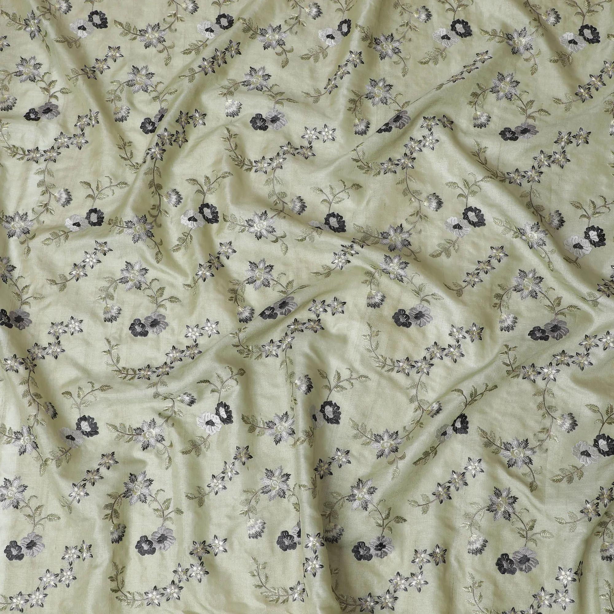 Olive Green Tussar Silk Fabric with Black and White Embroidery, 110cm Width - Indian Heritage Textile-D17926