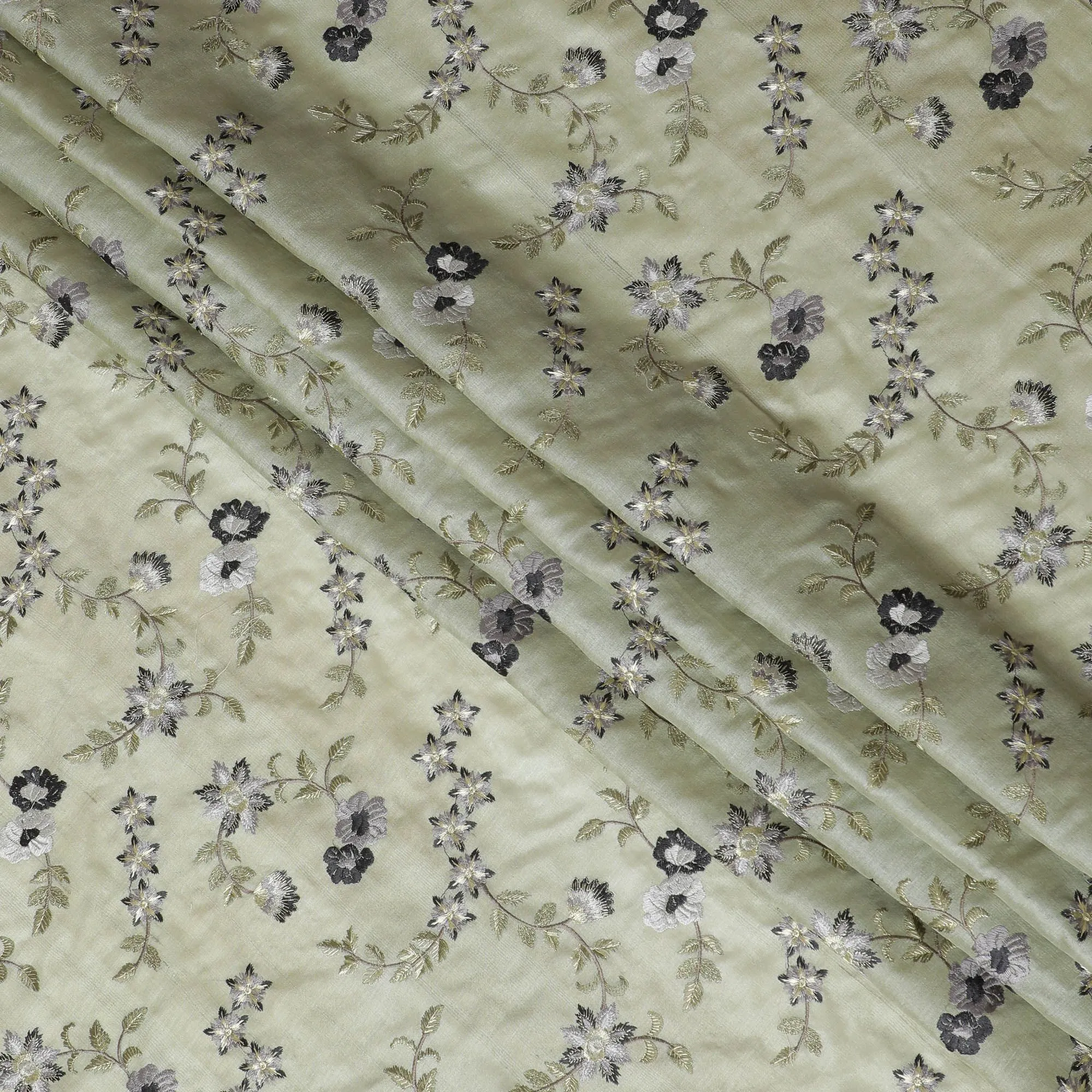 Olive Green Tussar Silk Fabric with Black and White Embroidery, 110cm Width - Indian Heritage Textile-D17926